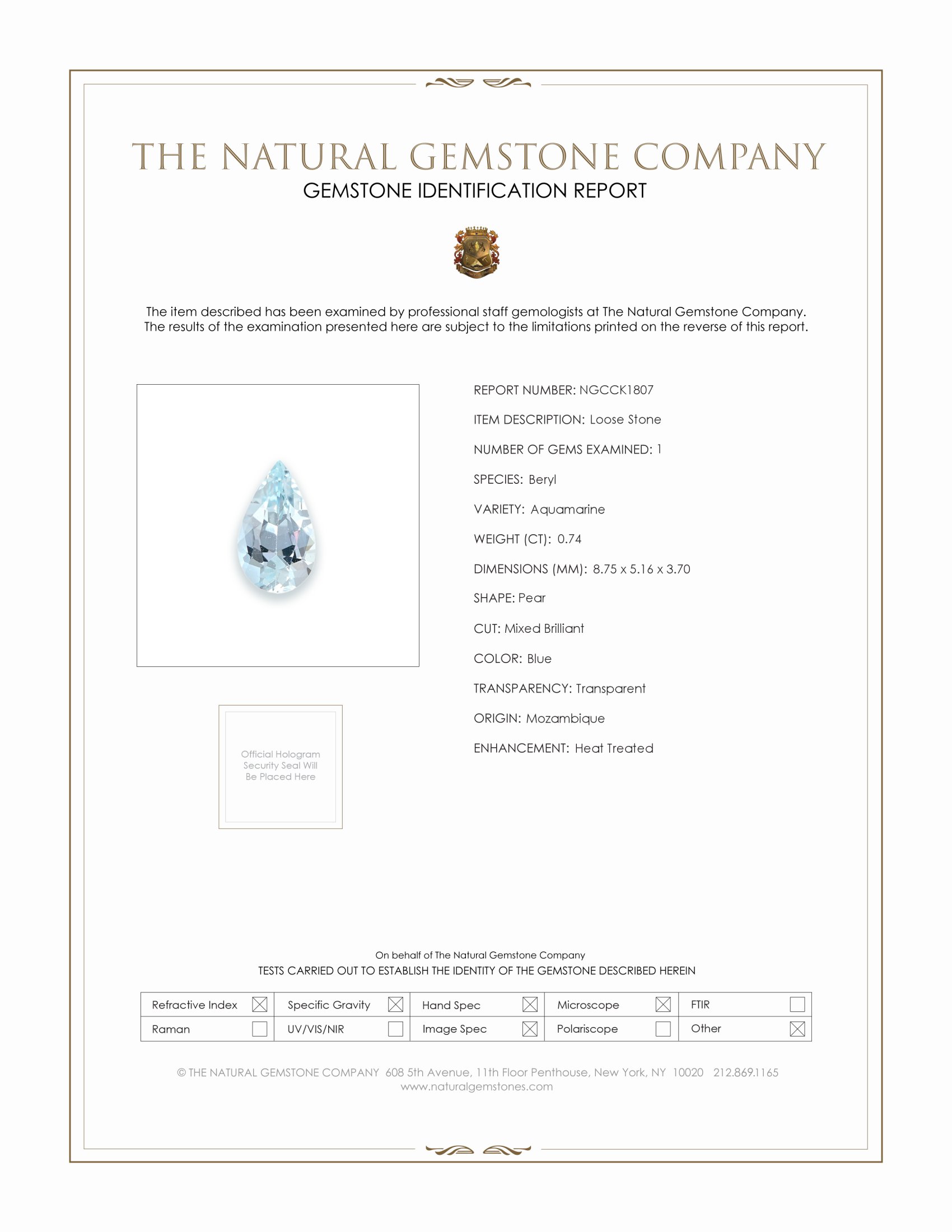 0.74 Ct. Blue Aquamarine from Mozambique