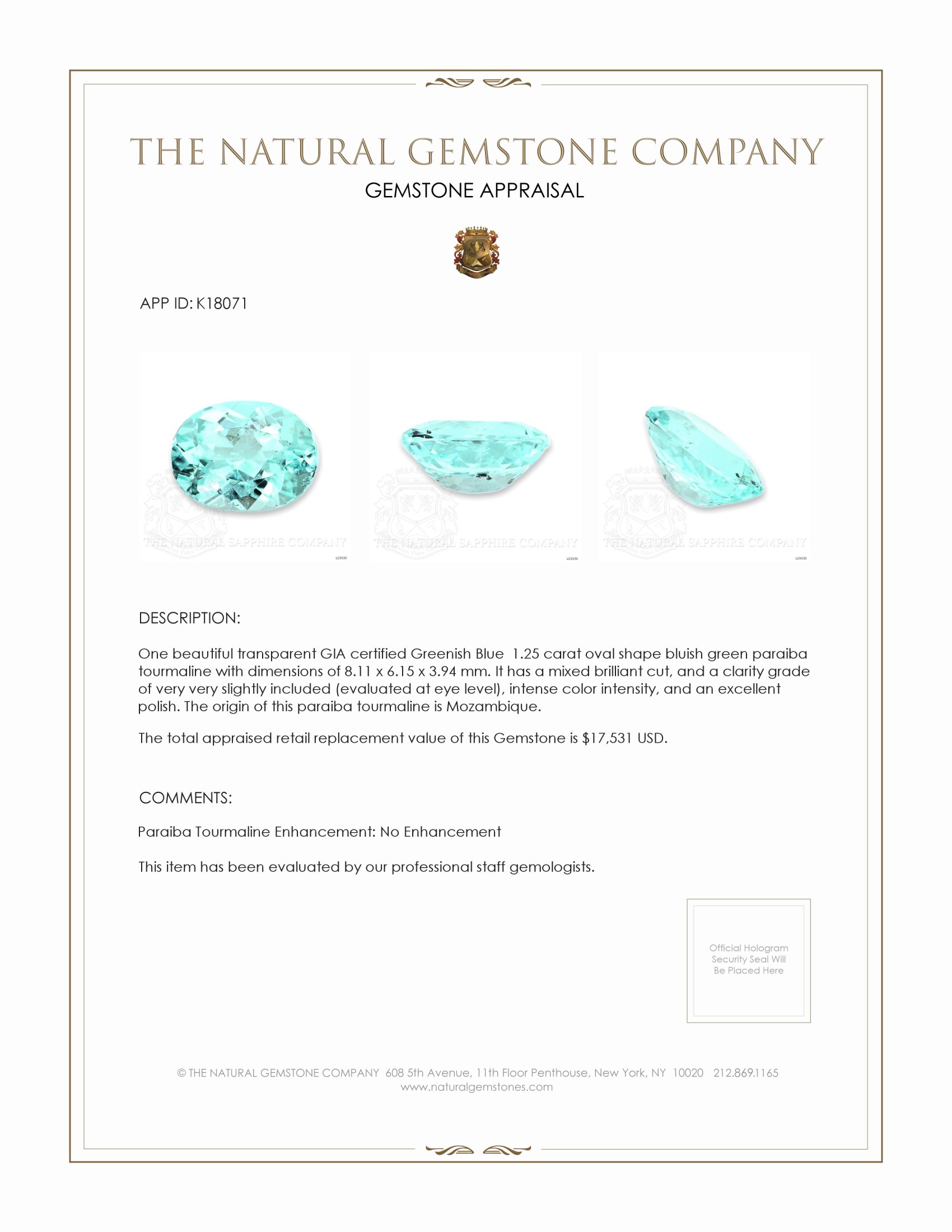 1.25 Ct. Paraiba Tourmaline from Mozambique