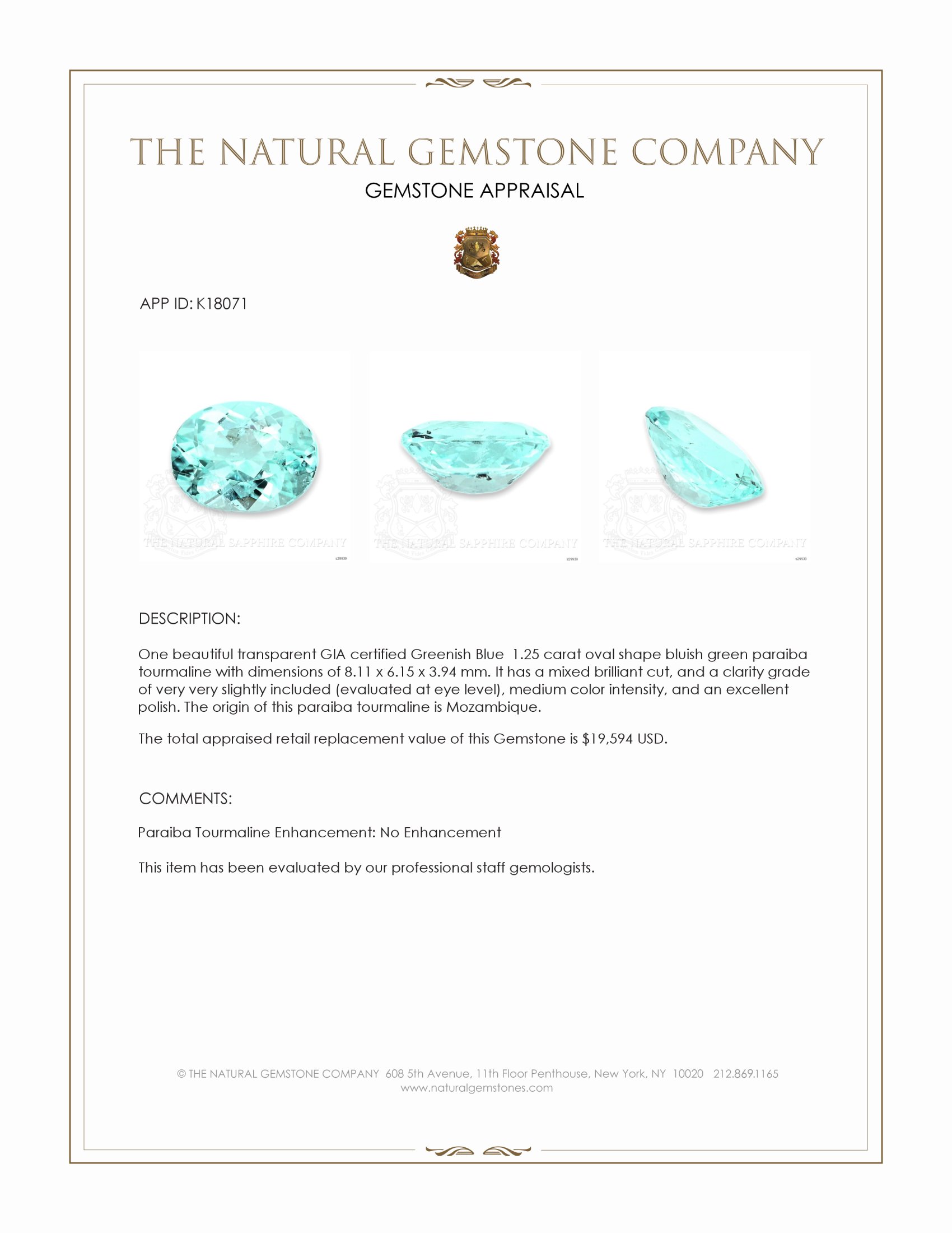 1.25 Ct. Bluish Green Paraiba Tourmaline from Mozambique