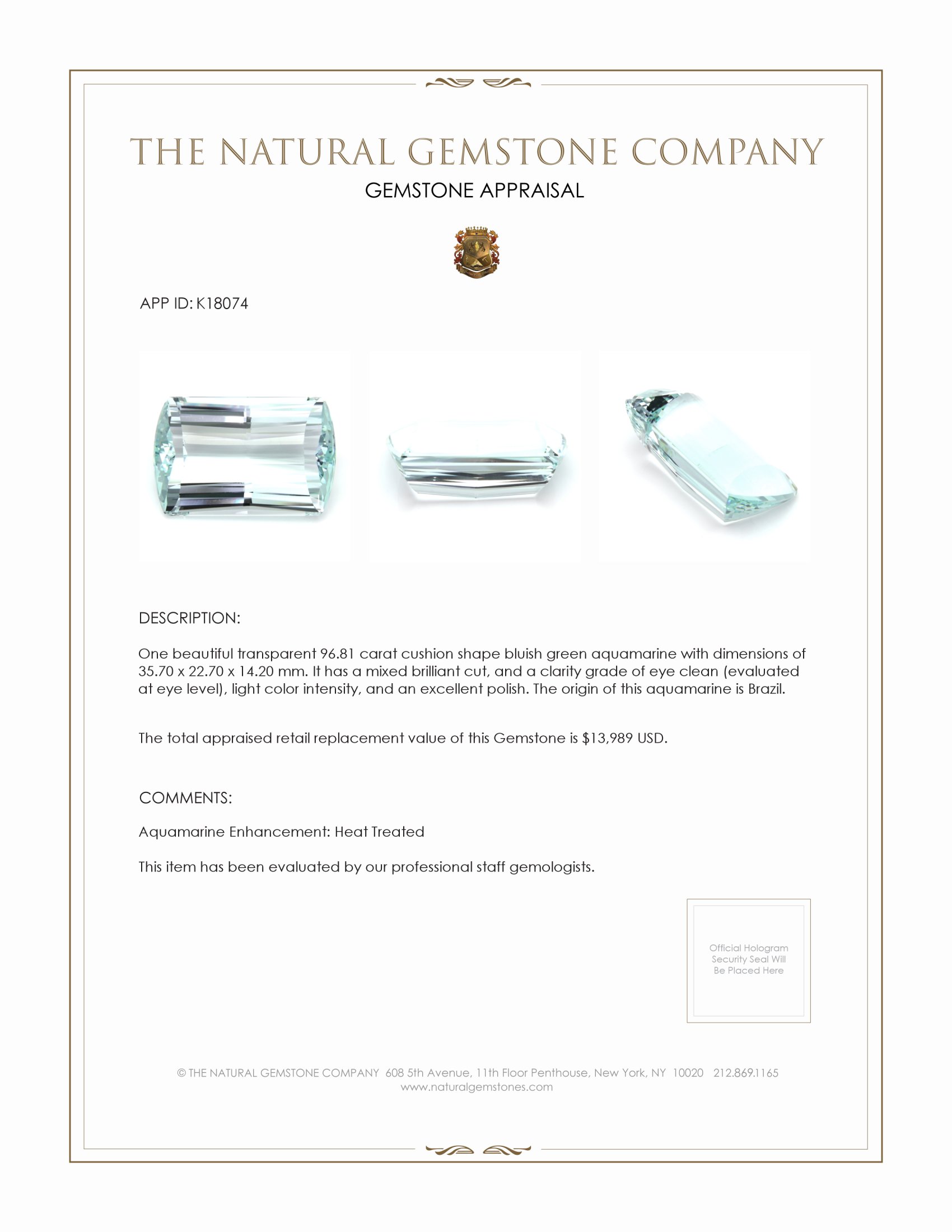 96.81 Ct. Bluish Green Aquamarine from Brazil