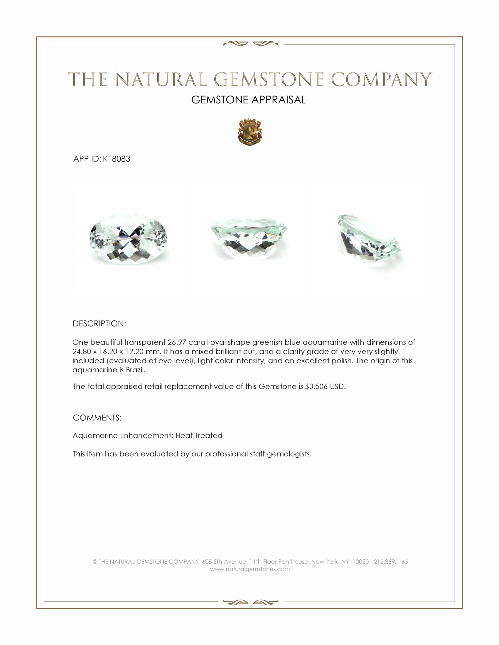 26.97 Ct. Greenish Blue Aquamarine from Brazil
