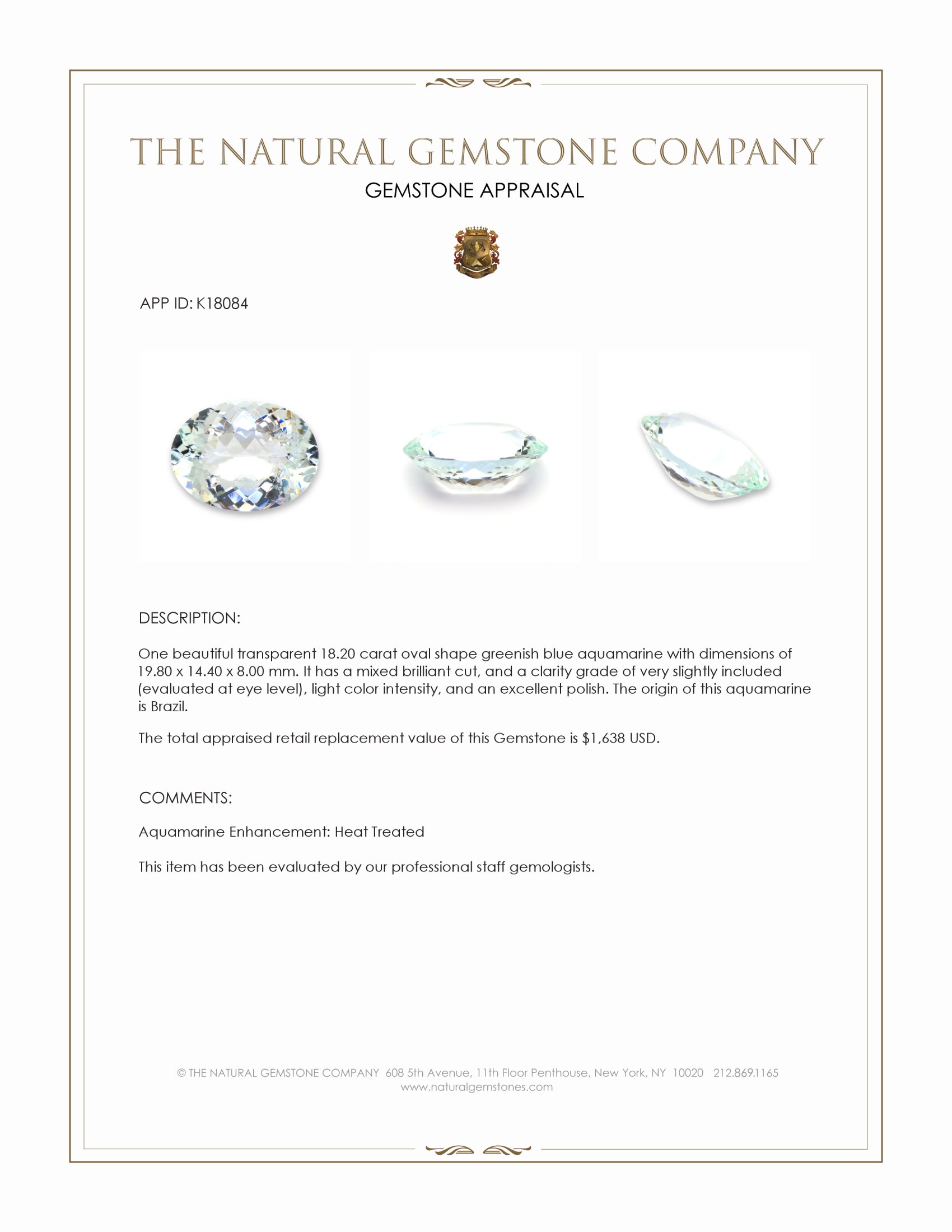 18.20 Ct. Greenish Blue Aquamarine from Brazil