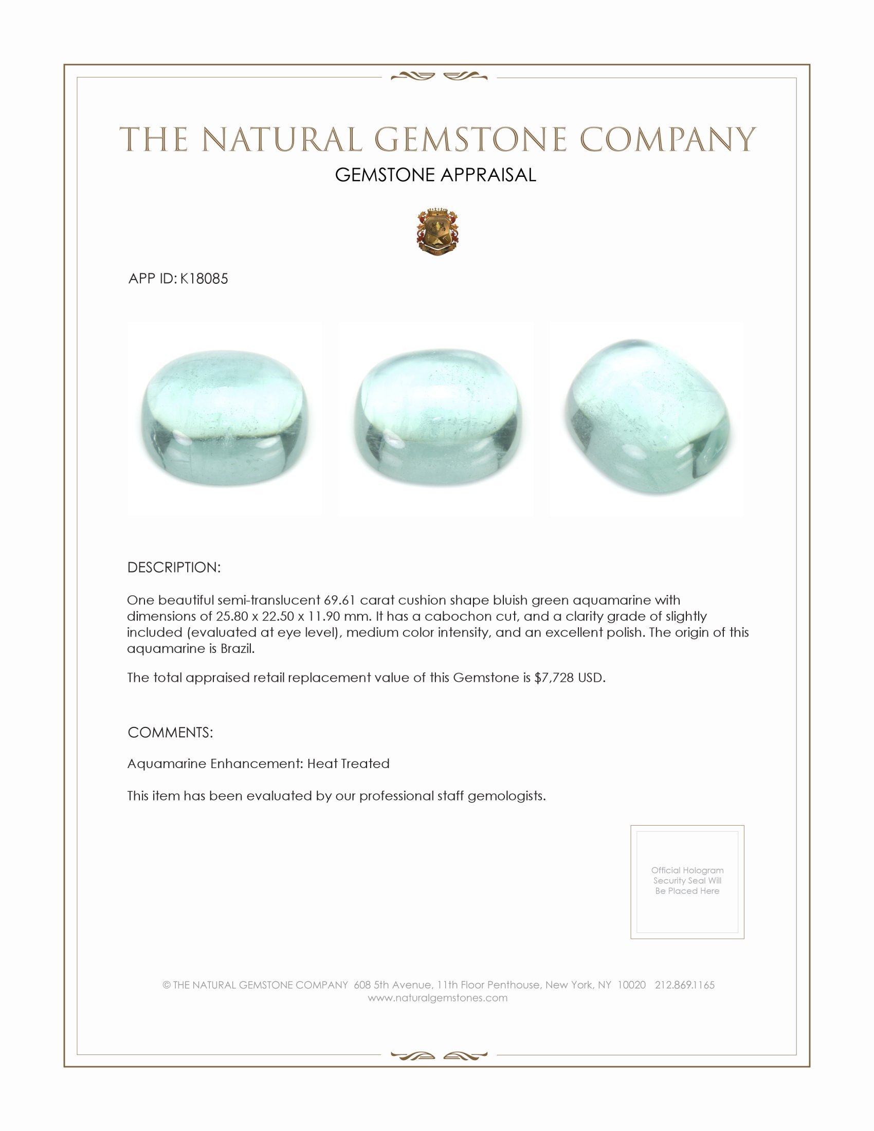 69.61 Ct. Greenish Blue Cabochon Aquamarine from Brazil