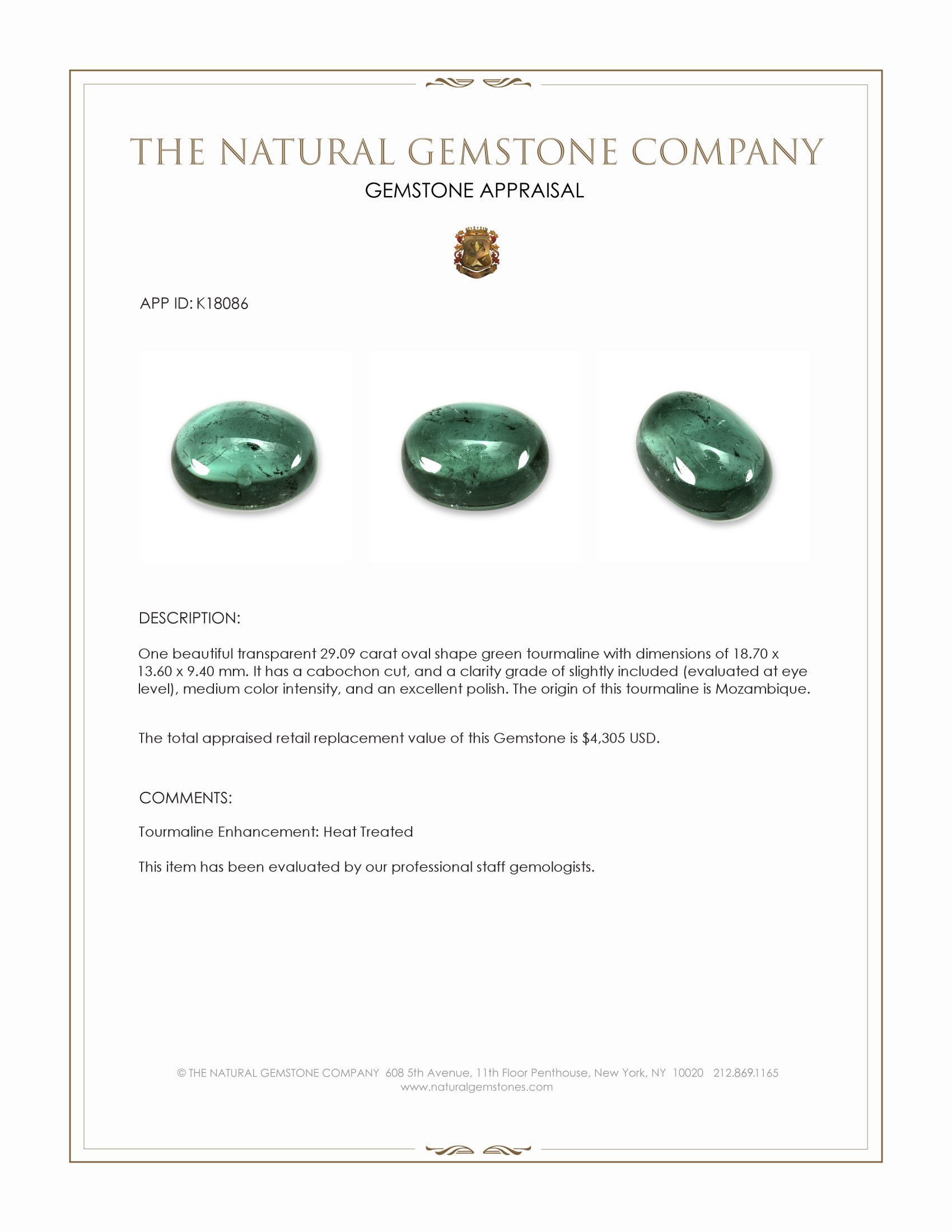 29.09 Ct. Green Cabochon Tourmaline from Mozambique