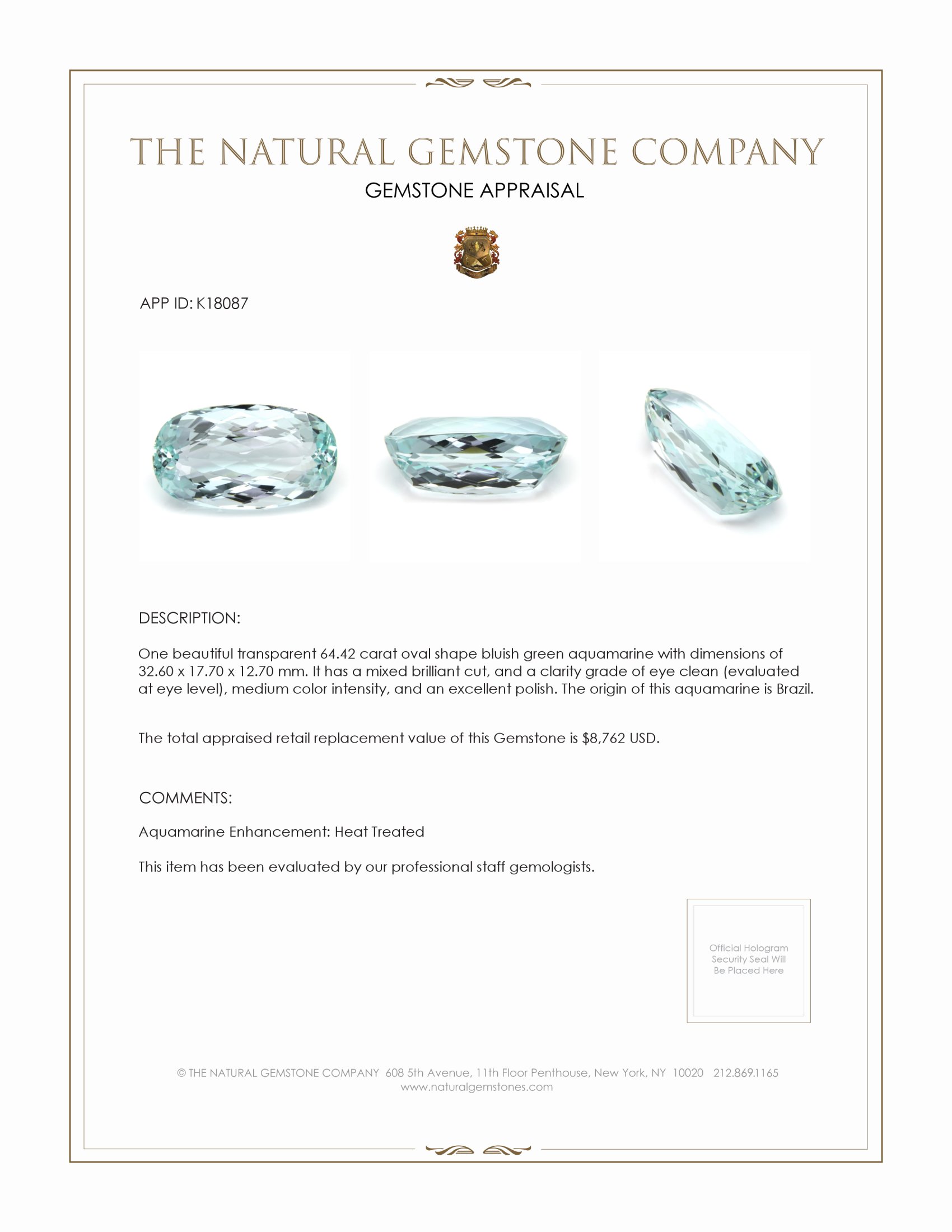 64.42 Ct. Bluish Green Aquamarine from Brazil