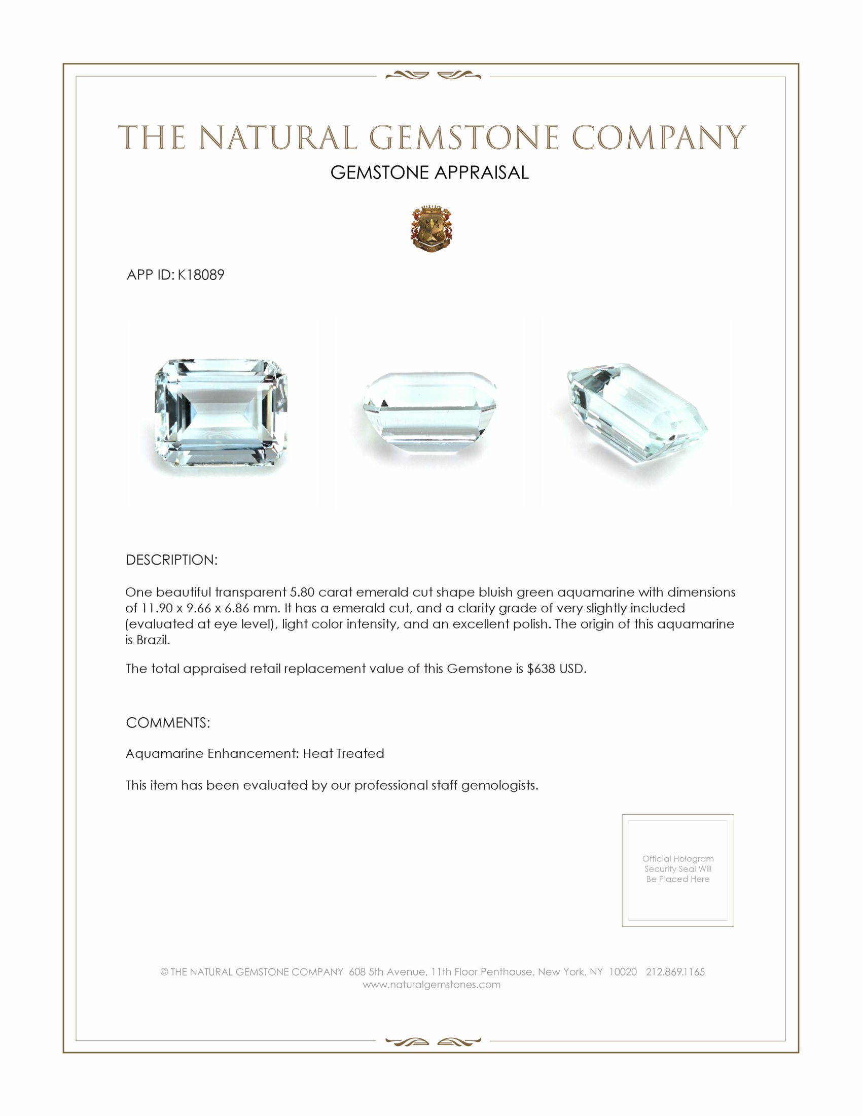 5.80 Ct. Aquamarine from Brazil