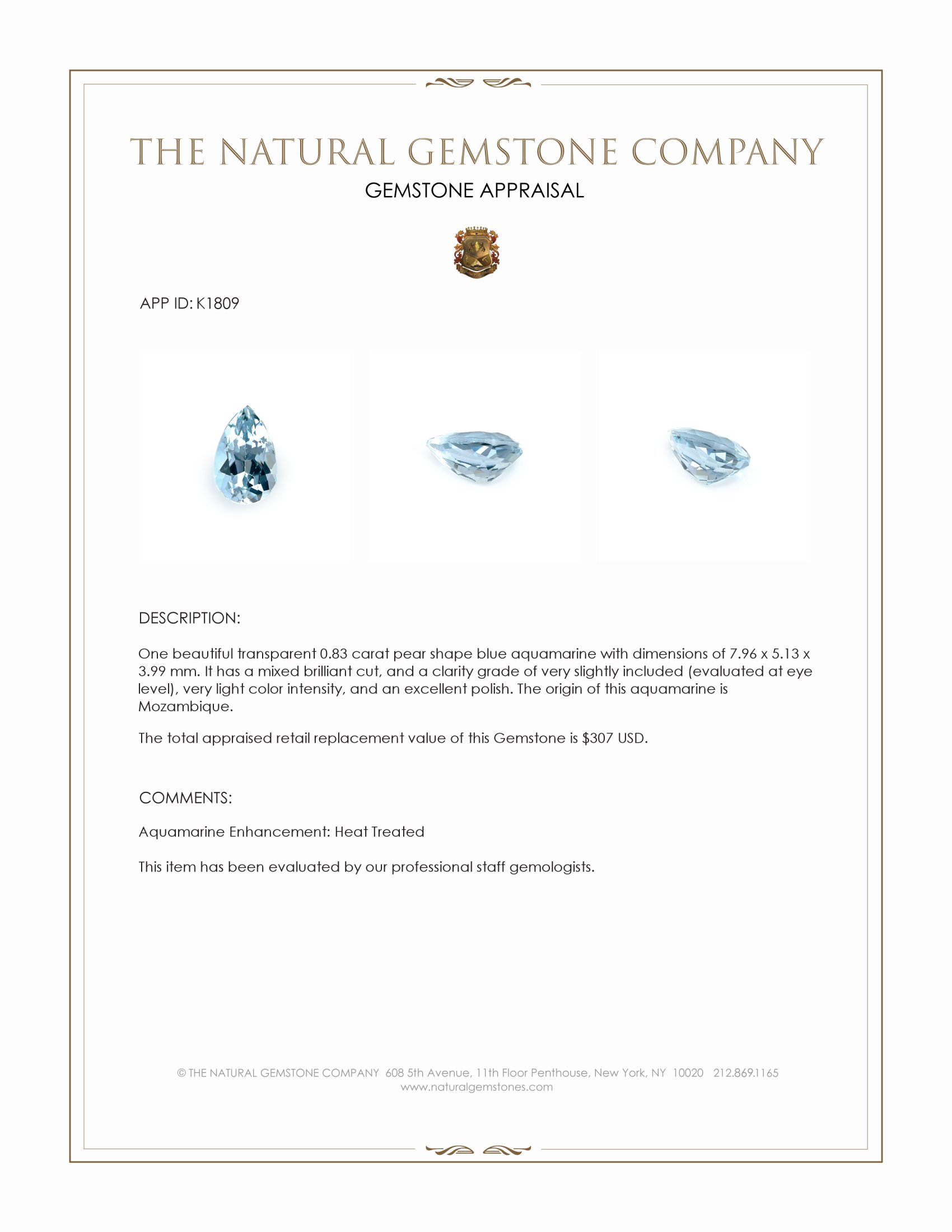 0.83 Ct. Aquamarine from Mozambique