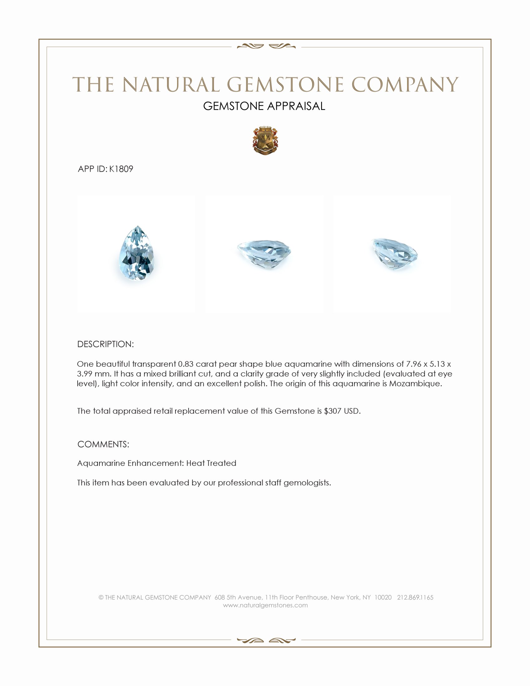 0.83 Ct. Aquamarine from Mozambique