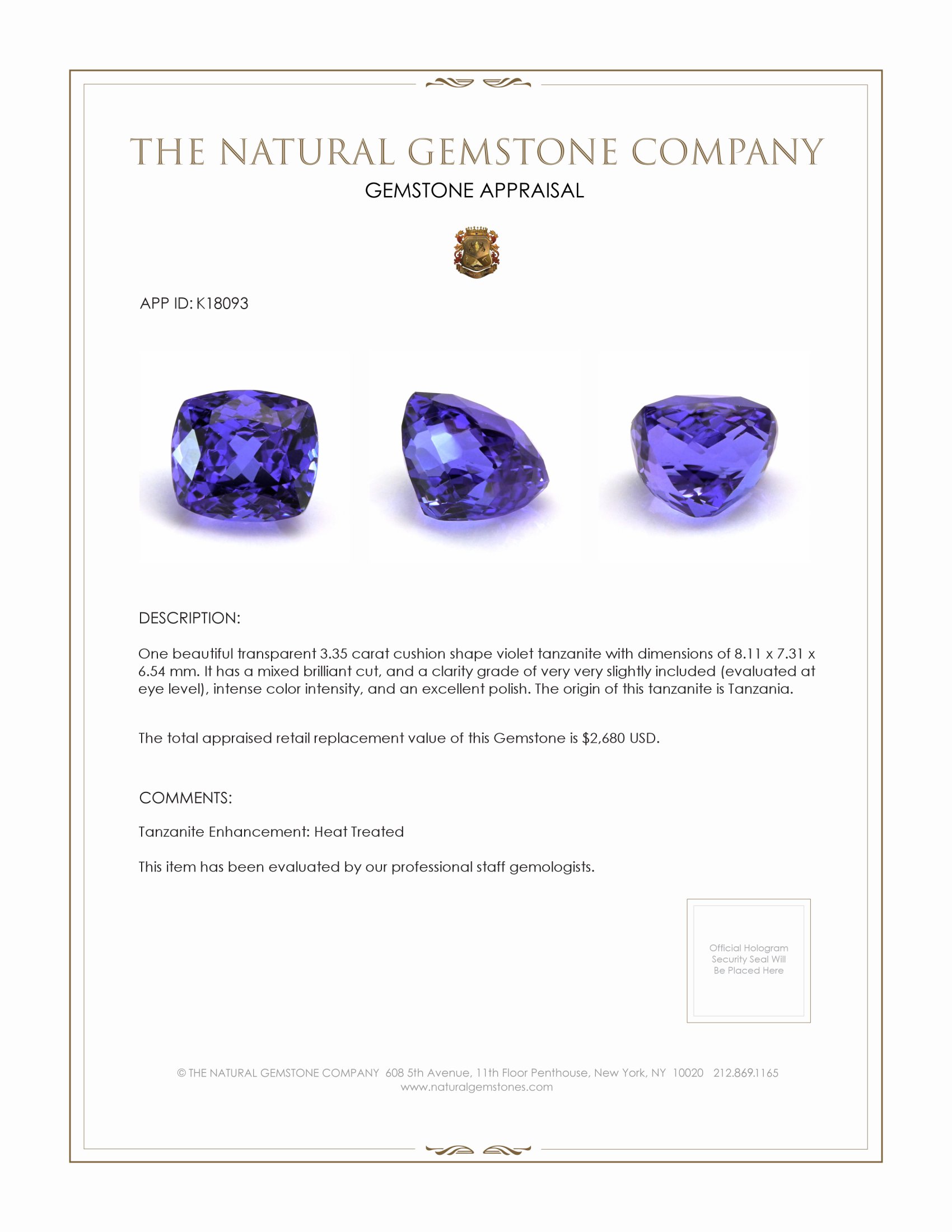 3.35 Ct. Tanzanite from Tanzania