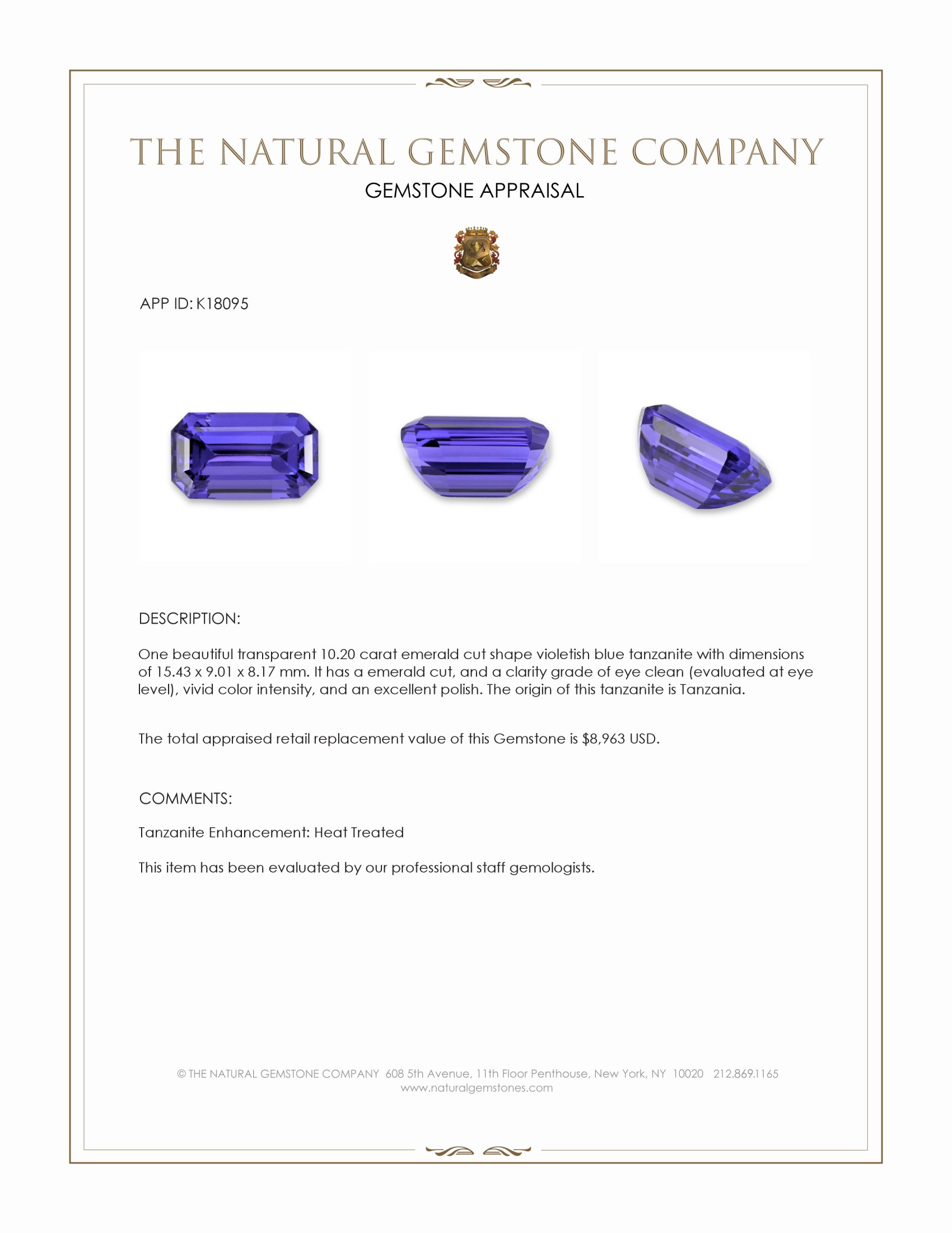 10.20 Ct. Violetish Blue Tanzanite from Tanzania