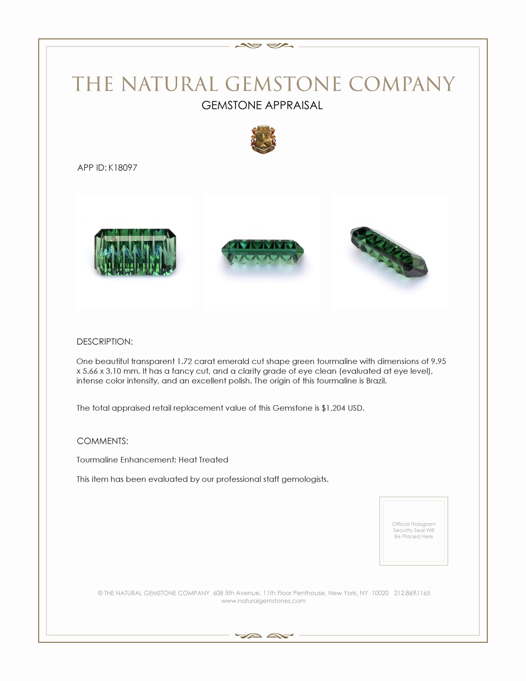 1.72 Ct. Green Tourmaline from Brazil