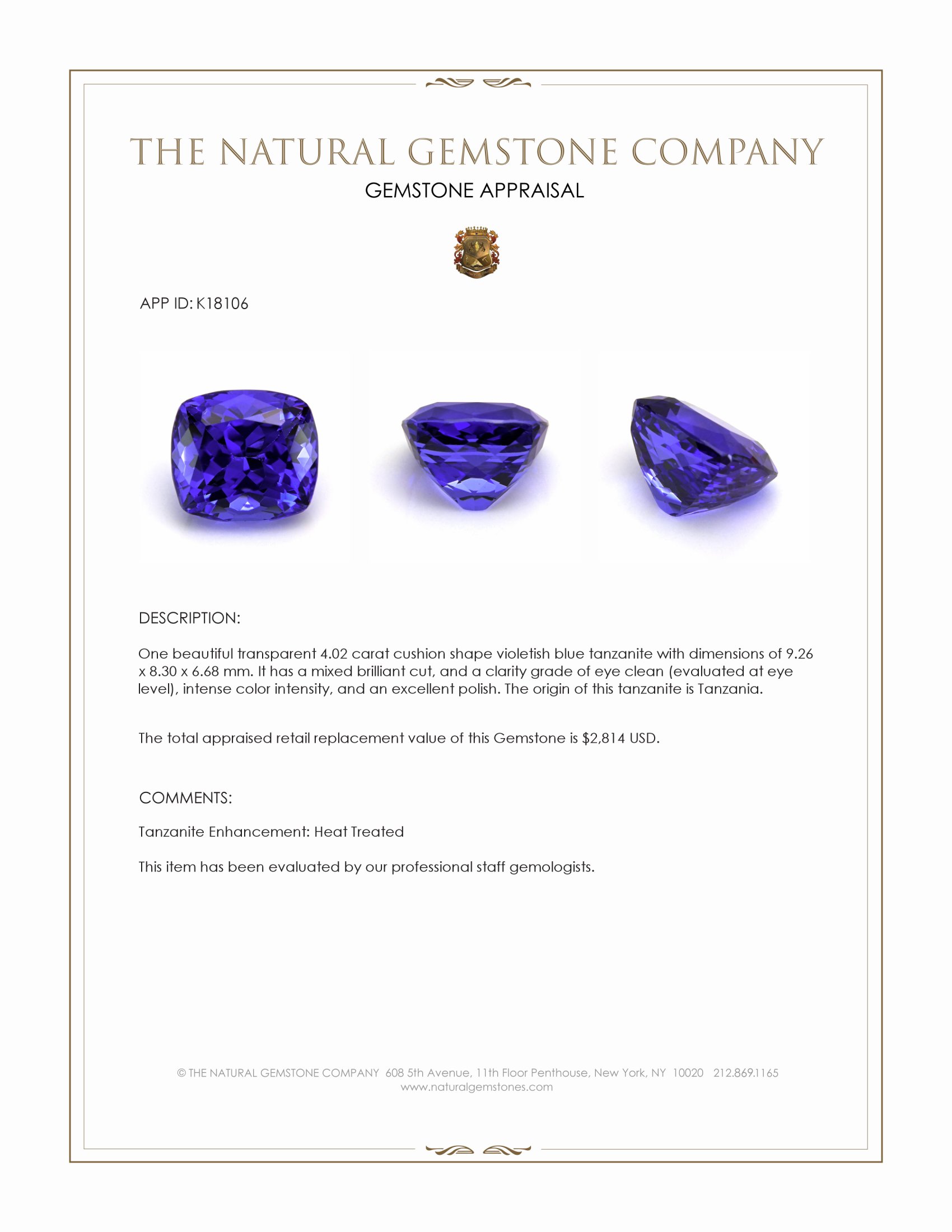 4.02 Ct. Tanzanite from Tanzania