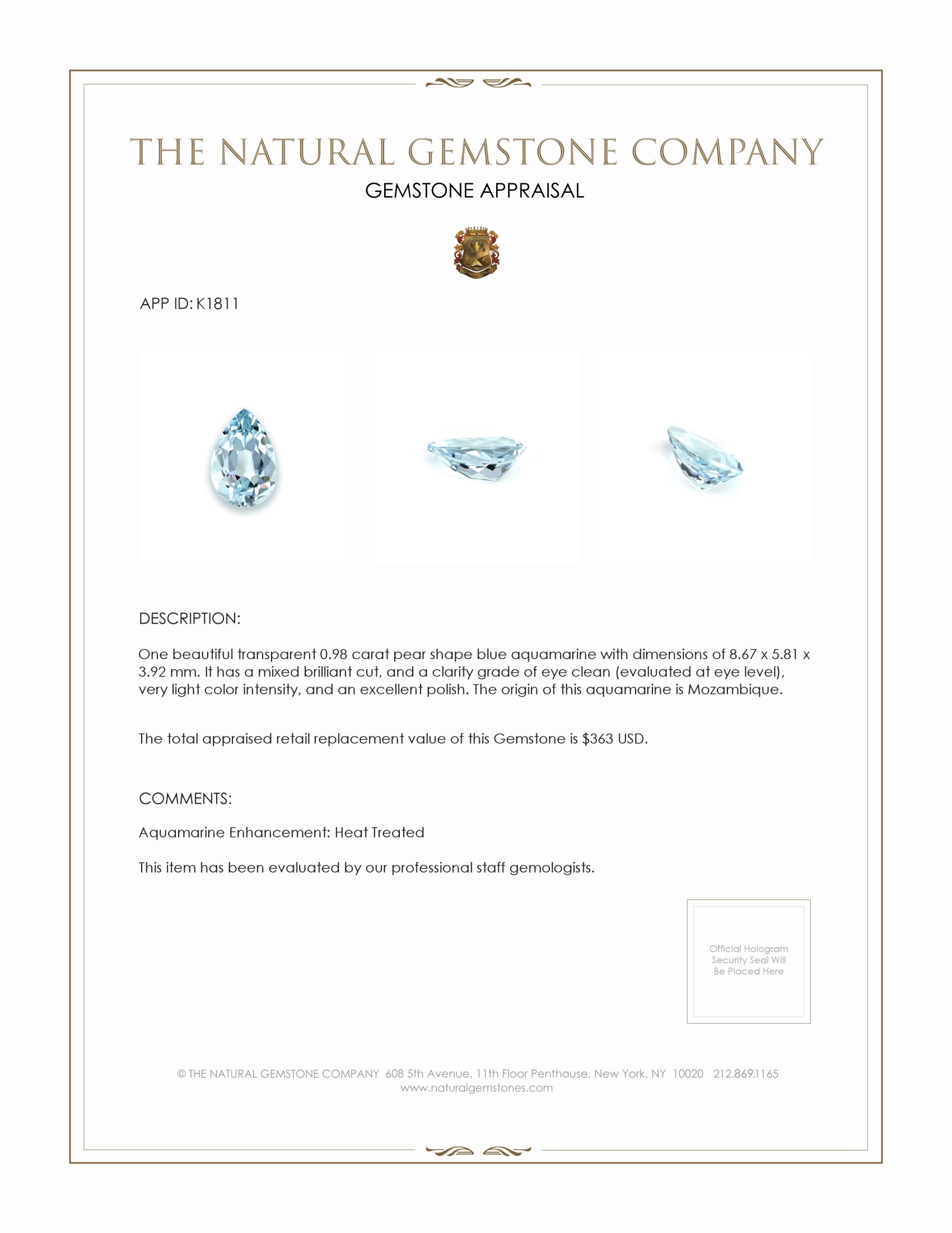 0.98 Ct. Aquamarine from Mozambique