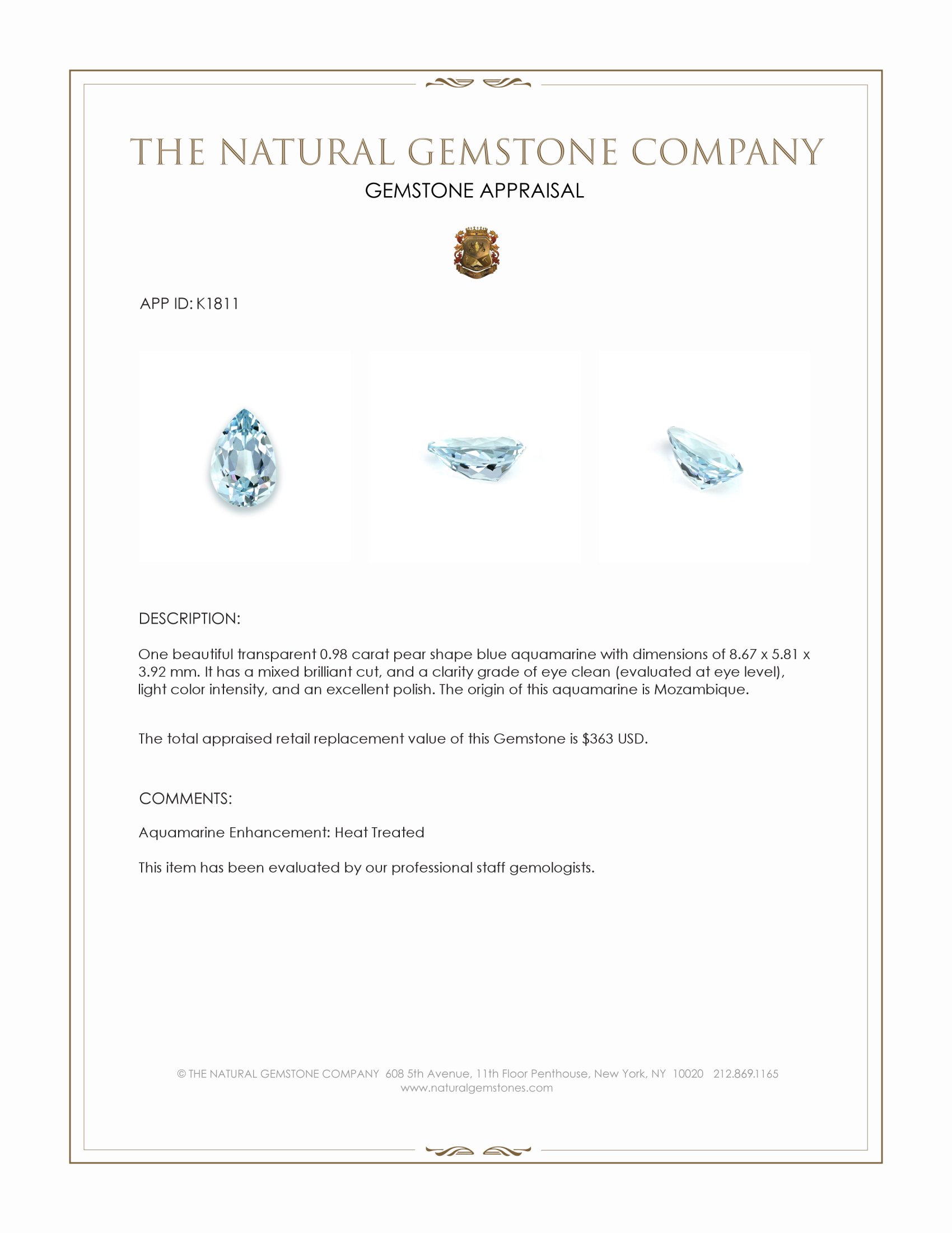 0.98 Ct. Aquamarine from Mozambique