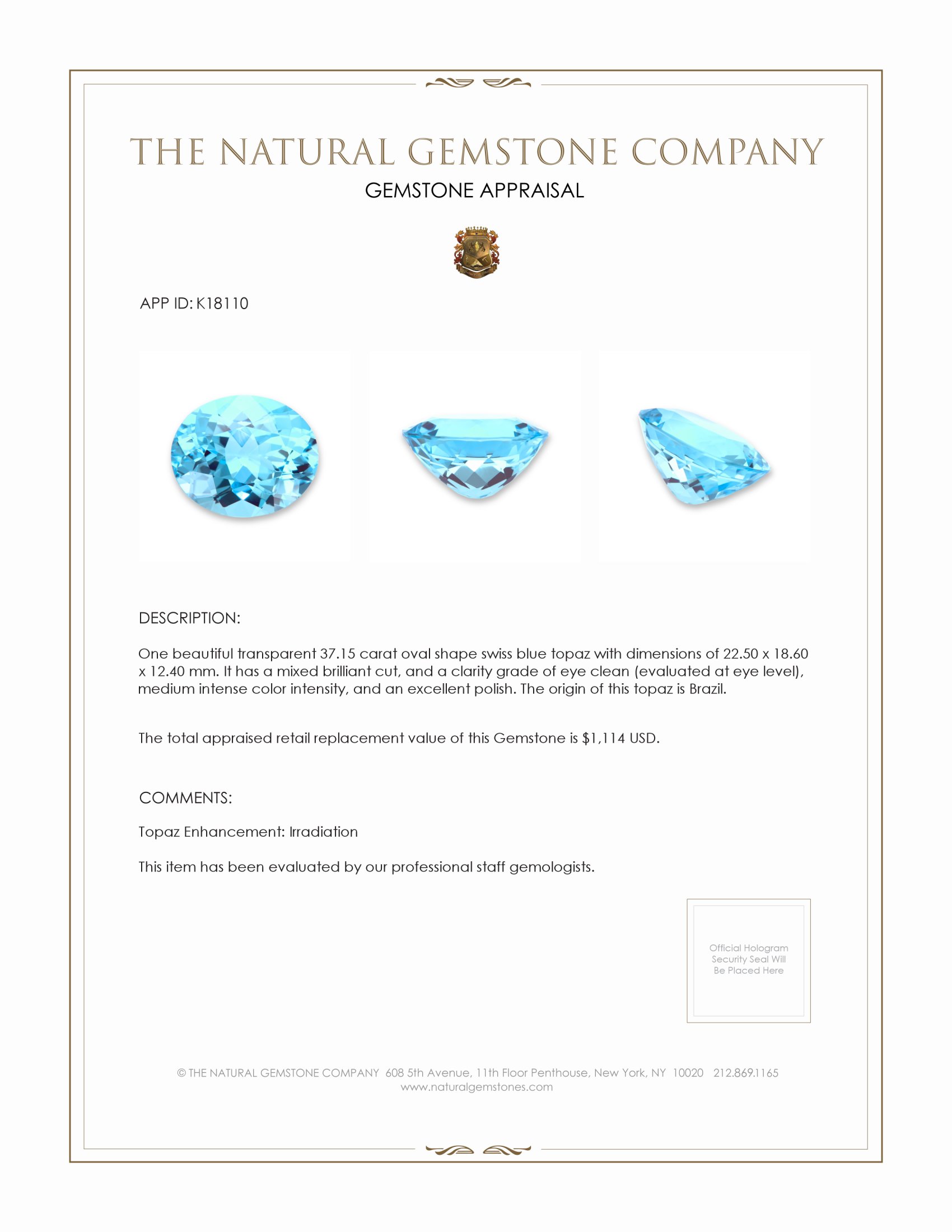 37.15 Ct. Swiss Blue Topaz from Brazil