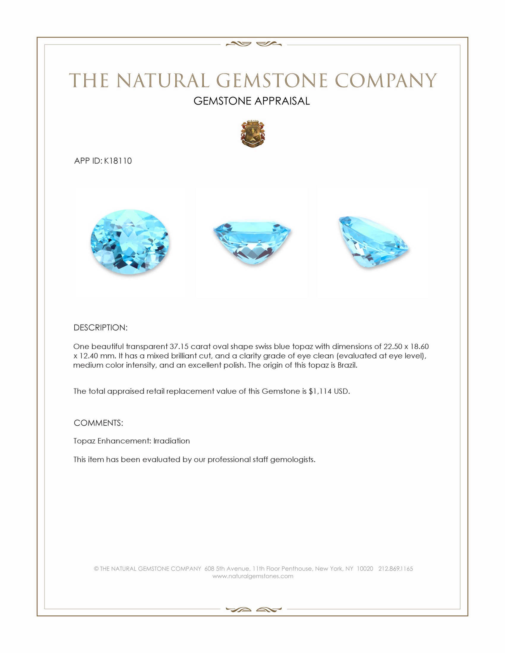 37.15 Ct. Topaz from Brazil