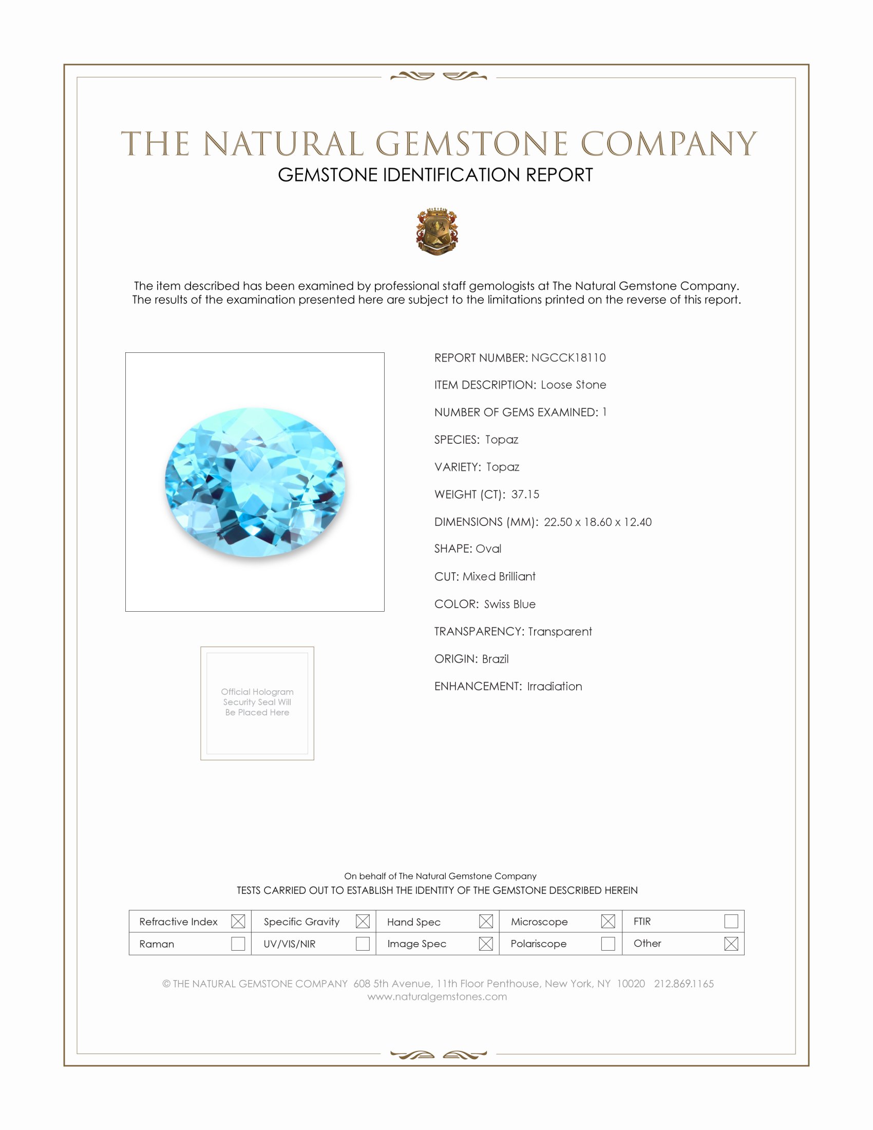 37.15 Ct. Swiss Blue Topaz from Brazil