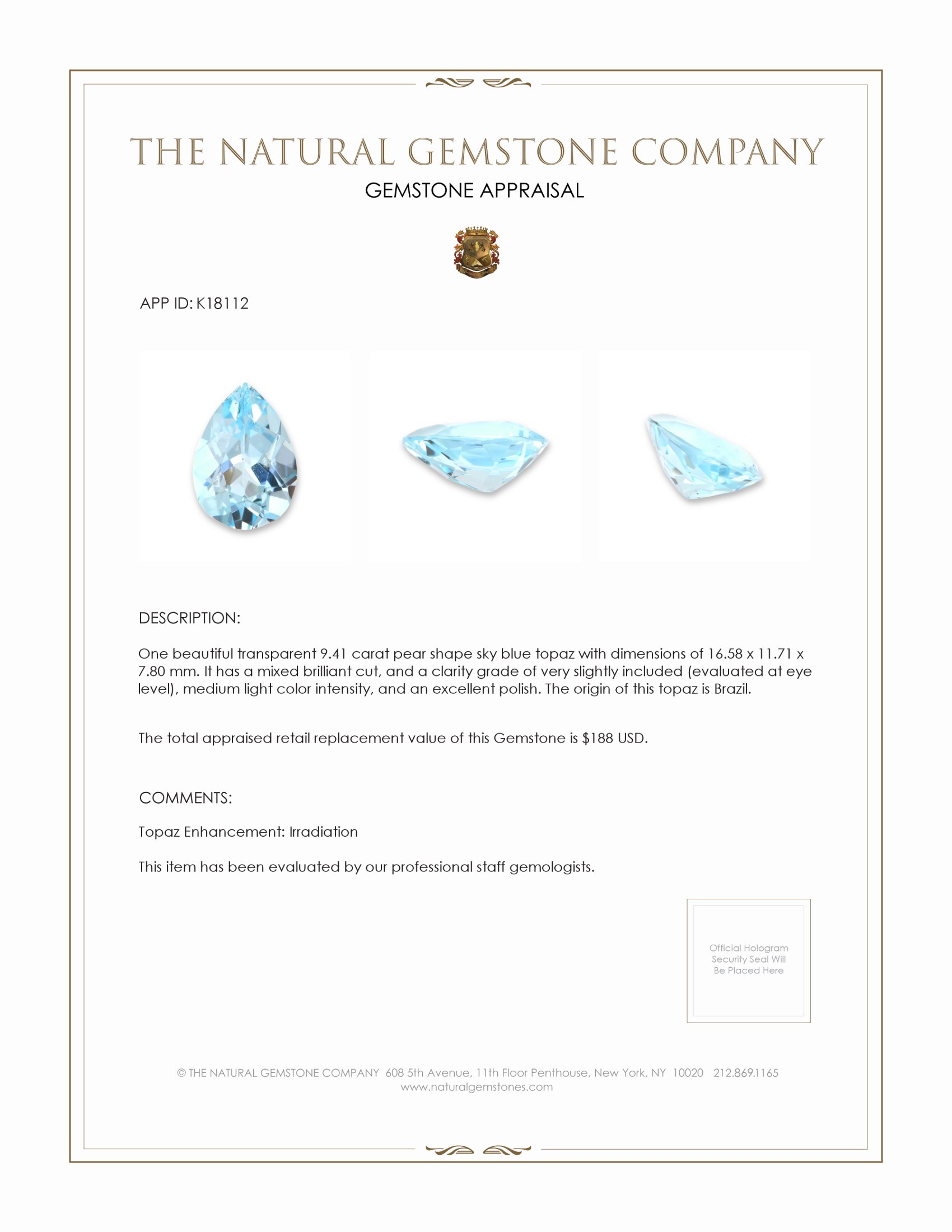 9.41 Ct. Sky Blue Topaz from Brazil
