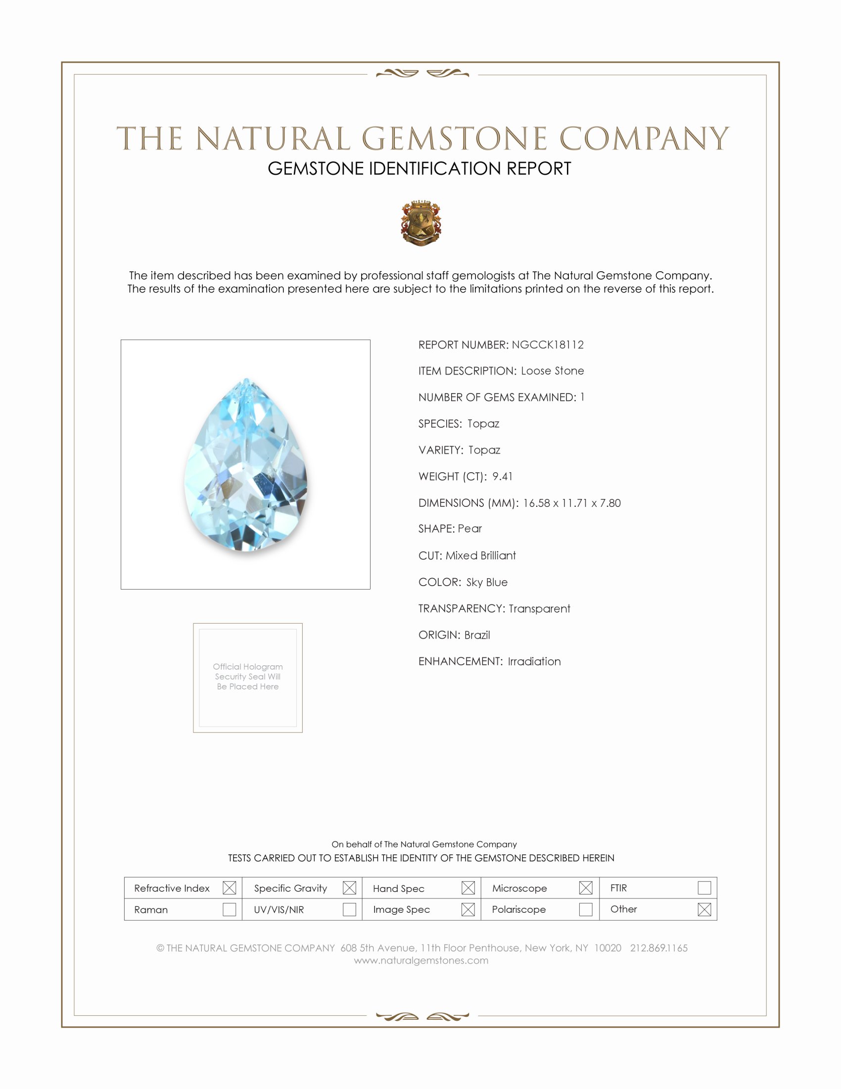 9.41 Ct. Sky Blue Topaz from Brazil