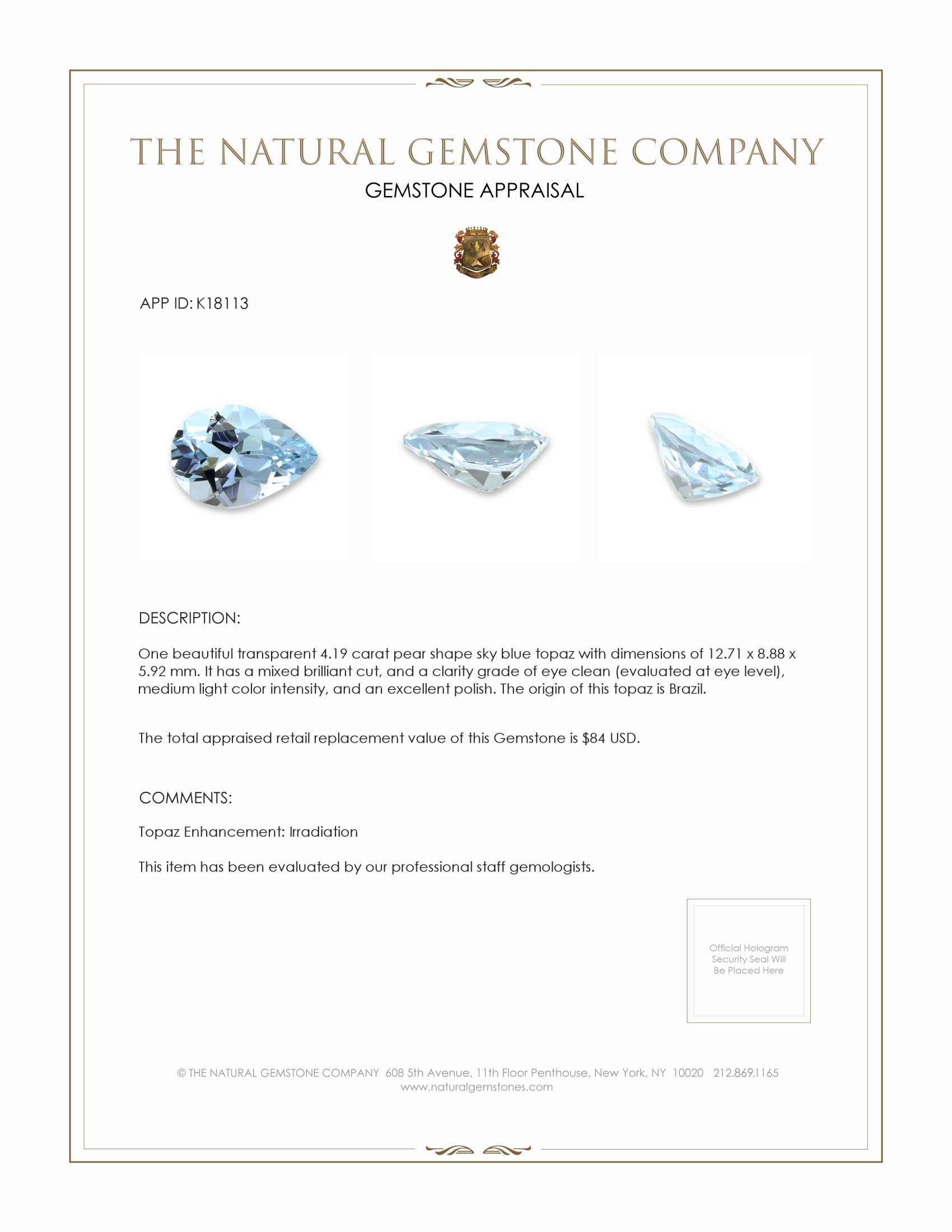 4.19 Ct. Sky Blue Topaz from Brazil