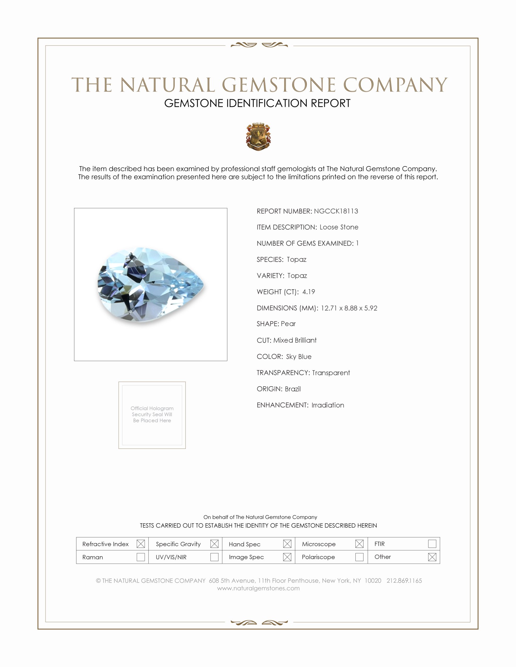 4.19 Ct. Sky Blue Topaz from Brazil