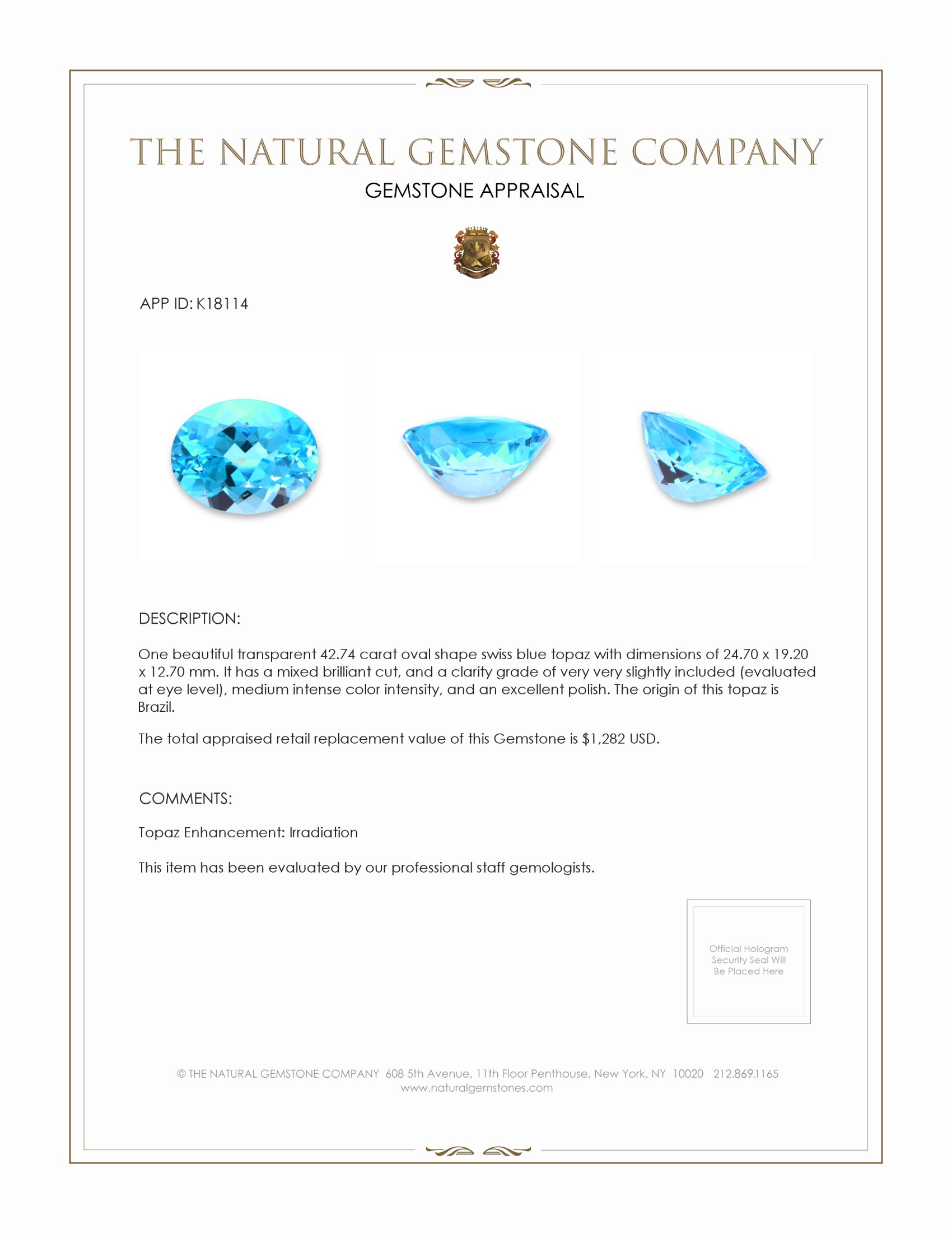 42.74 Ct. Swiss Blue Topaz from Brazil