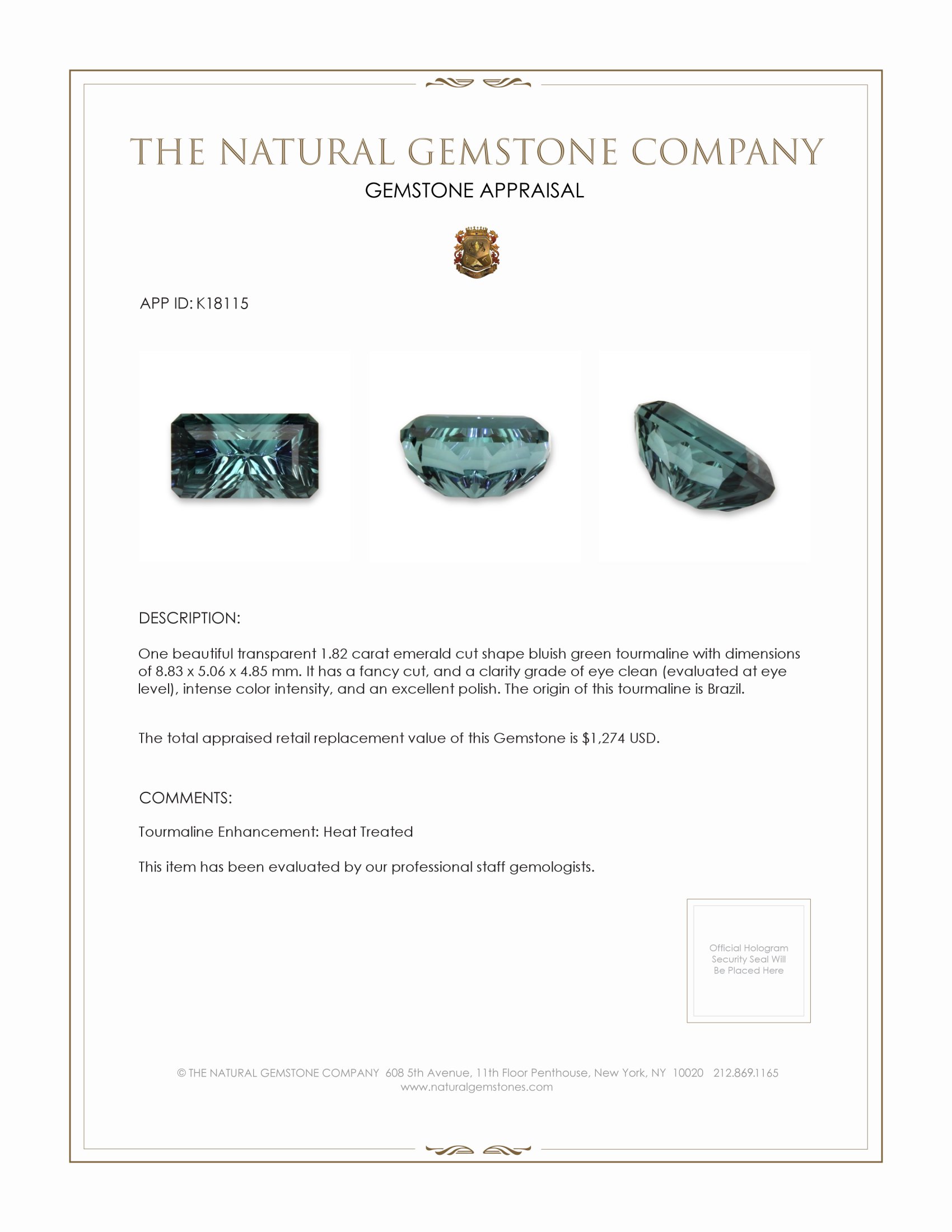 1.82 Ct. Tourmaline from Brazil