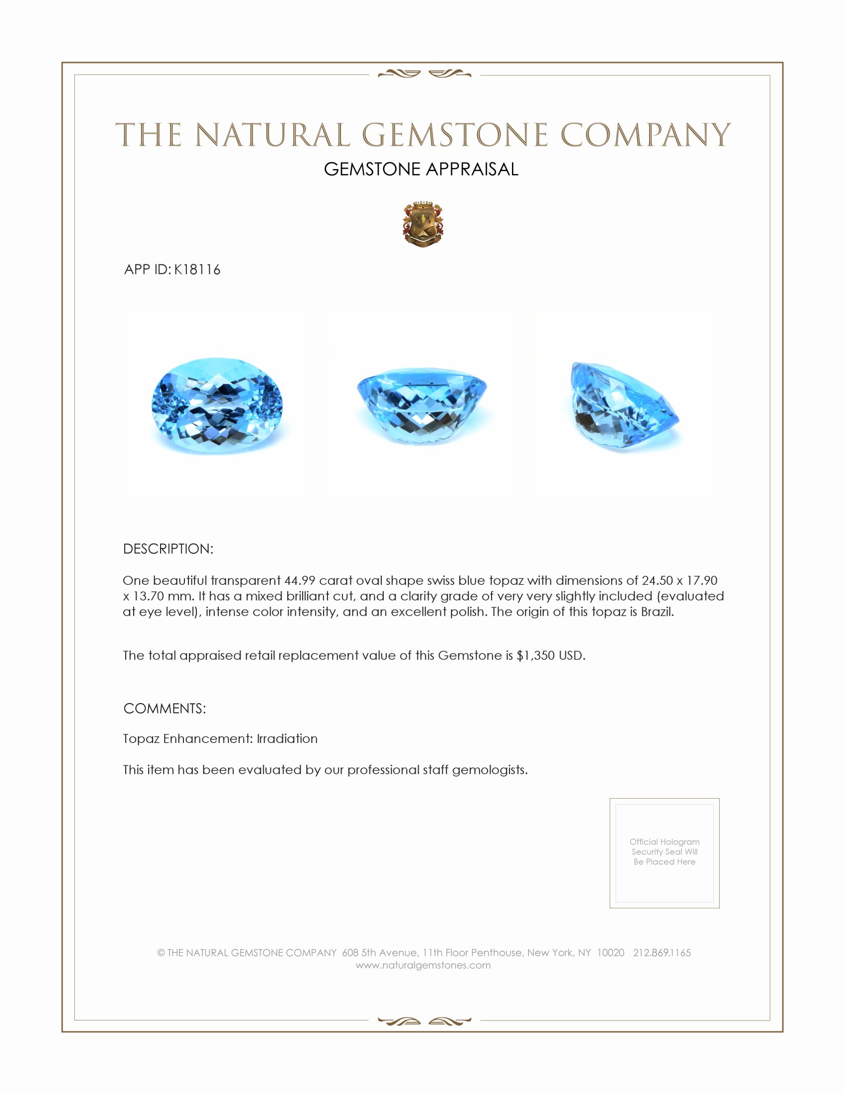 44.99 Ct. Swiss Blue Topaz from Brazil