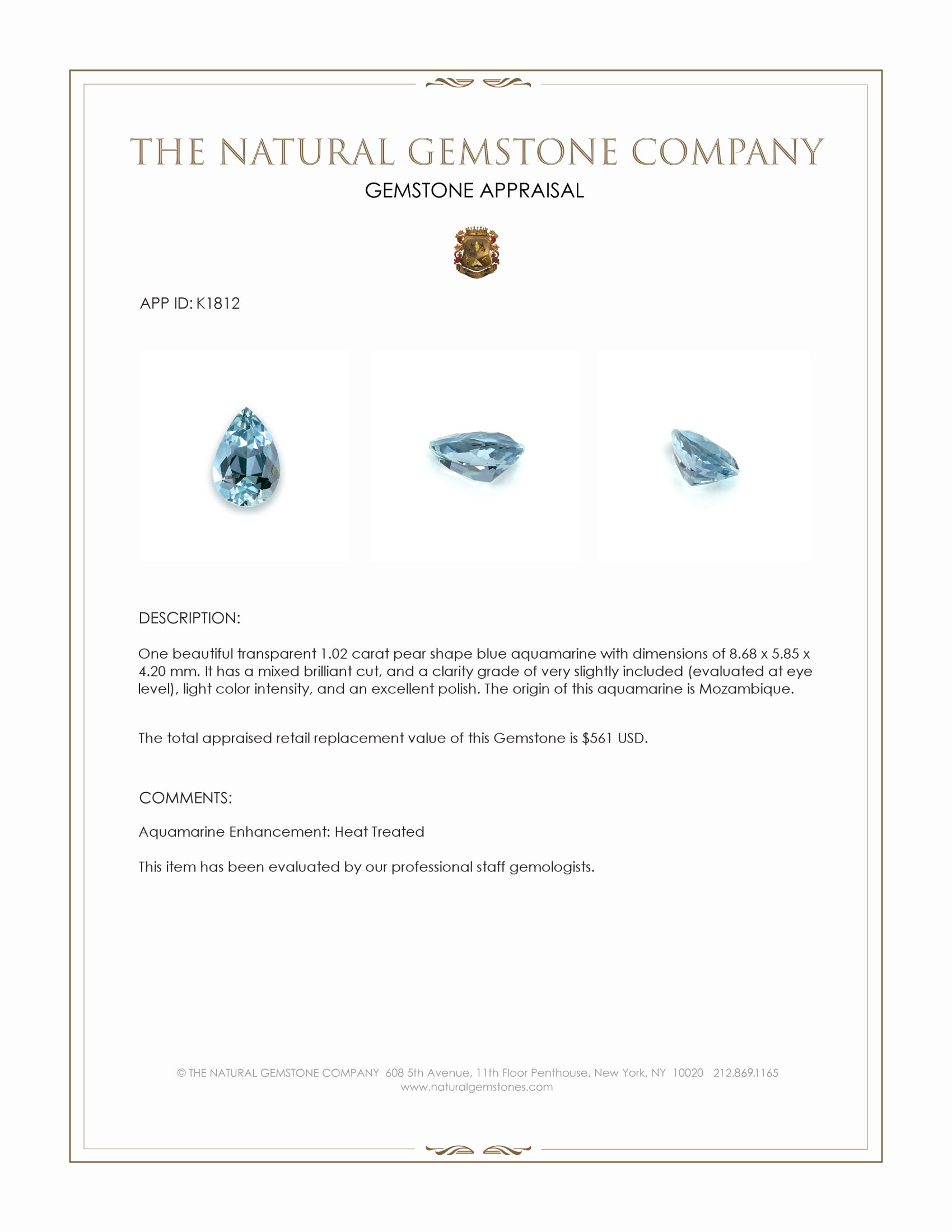 1.02 Ct. Blue Aquamarine from Mozambique