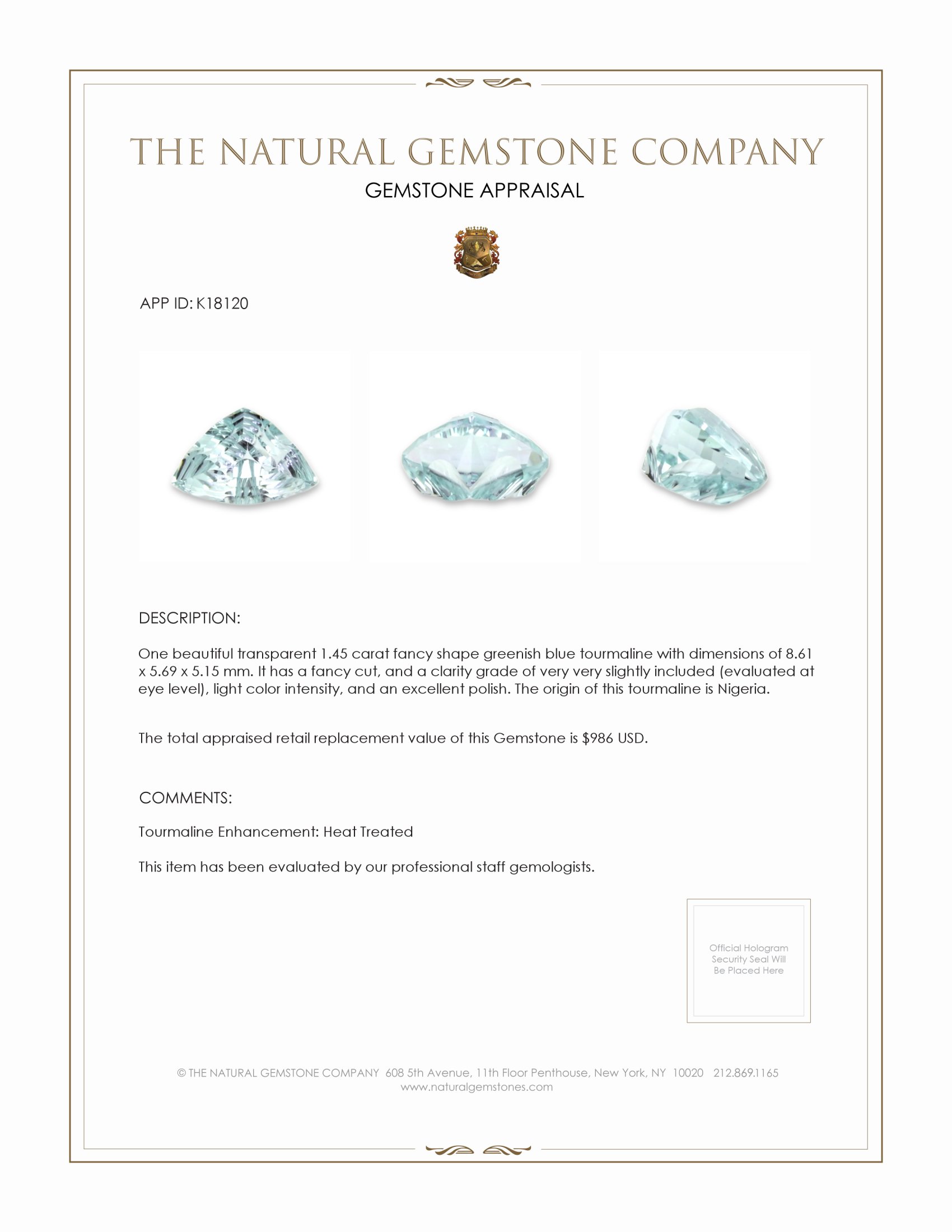 1.45 Ct. Greenish Blue Tourmaline from Nigeria