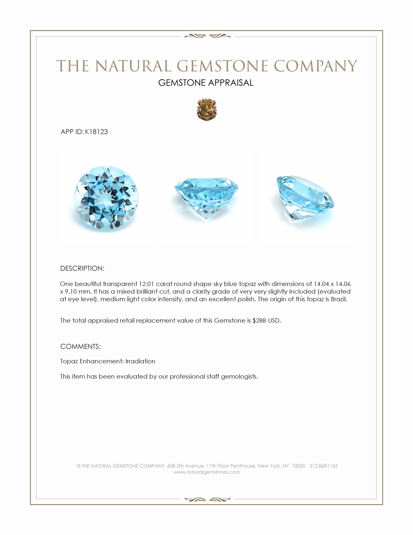 12.01 Ct. Sky Blue Topaz from Brazil