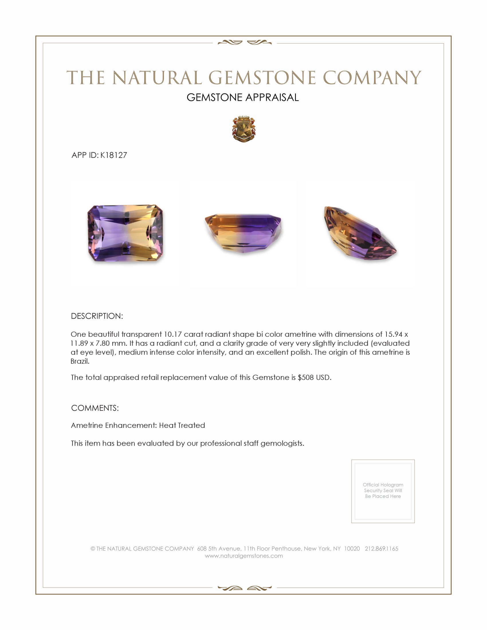 10.17 Ct. Bi Color Ametrine from Brazil