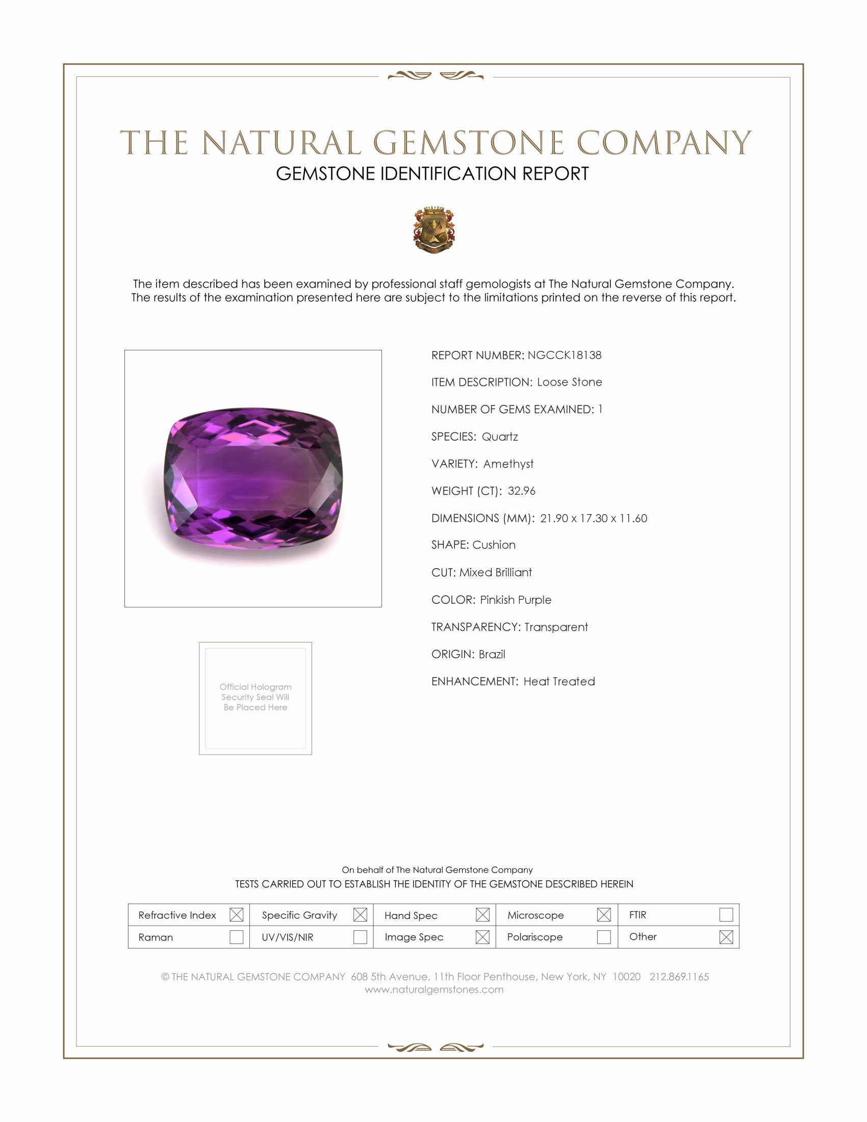 32.96 Ct. Pinkish Purple Amethyst from Brazil