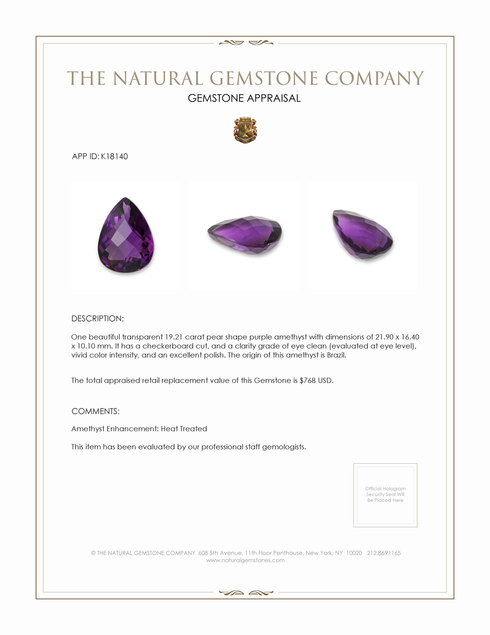 19.21 Ct. Purple Amethyst from Brazil