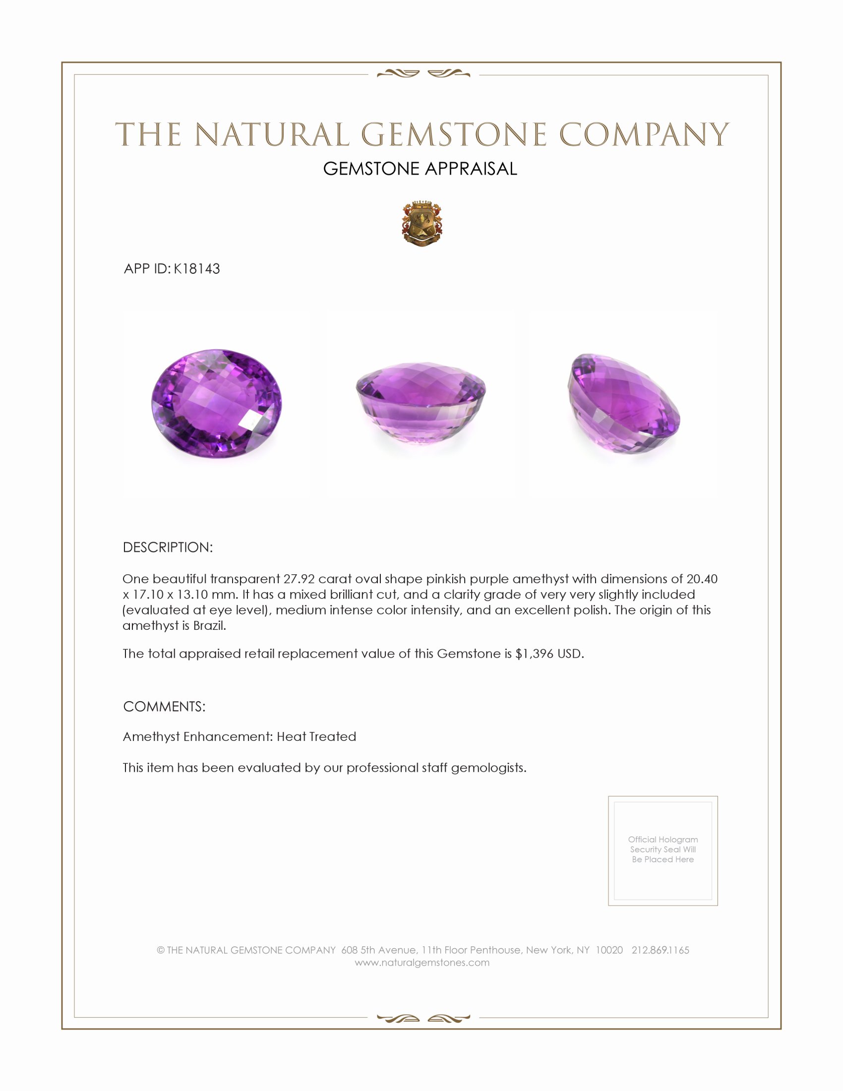 27.92 Ct. Pinkish Purple Amethyst from Brazil