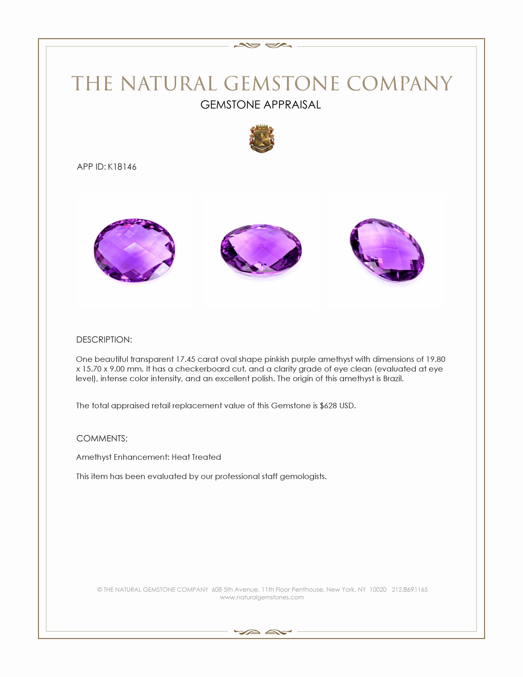 17.45 Ct. Pinkish Purple Amethyst from Brazil