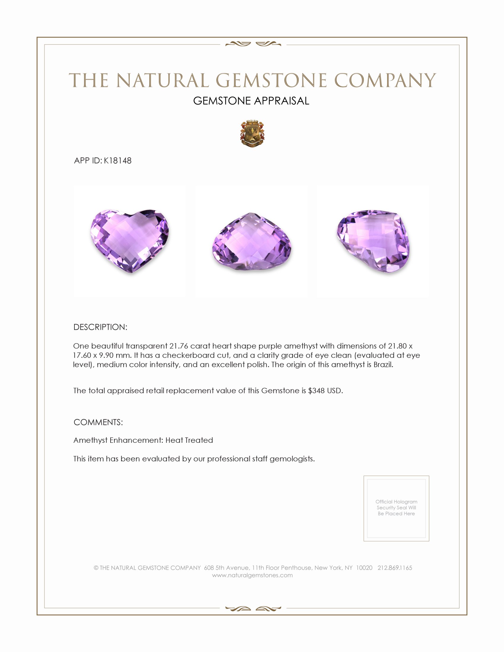 21.76 Ct. Purple Amethyst from Brazil
