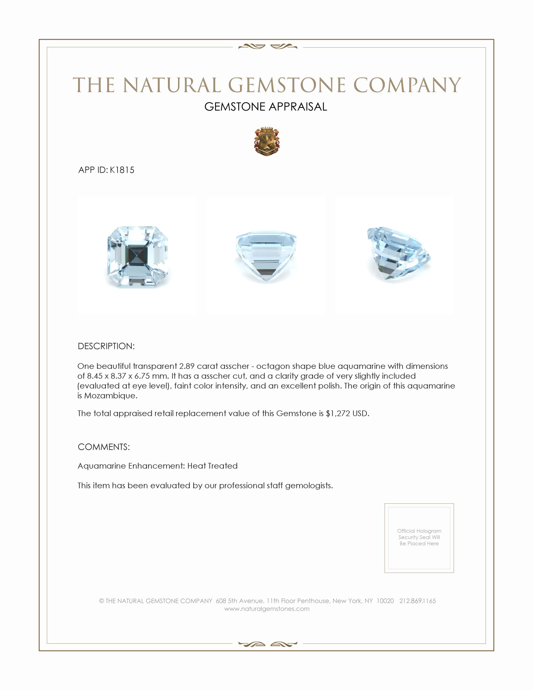 2.89 Ct. Aquamarine from Mozambique