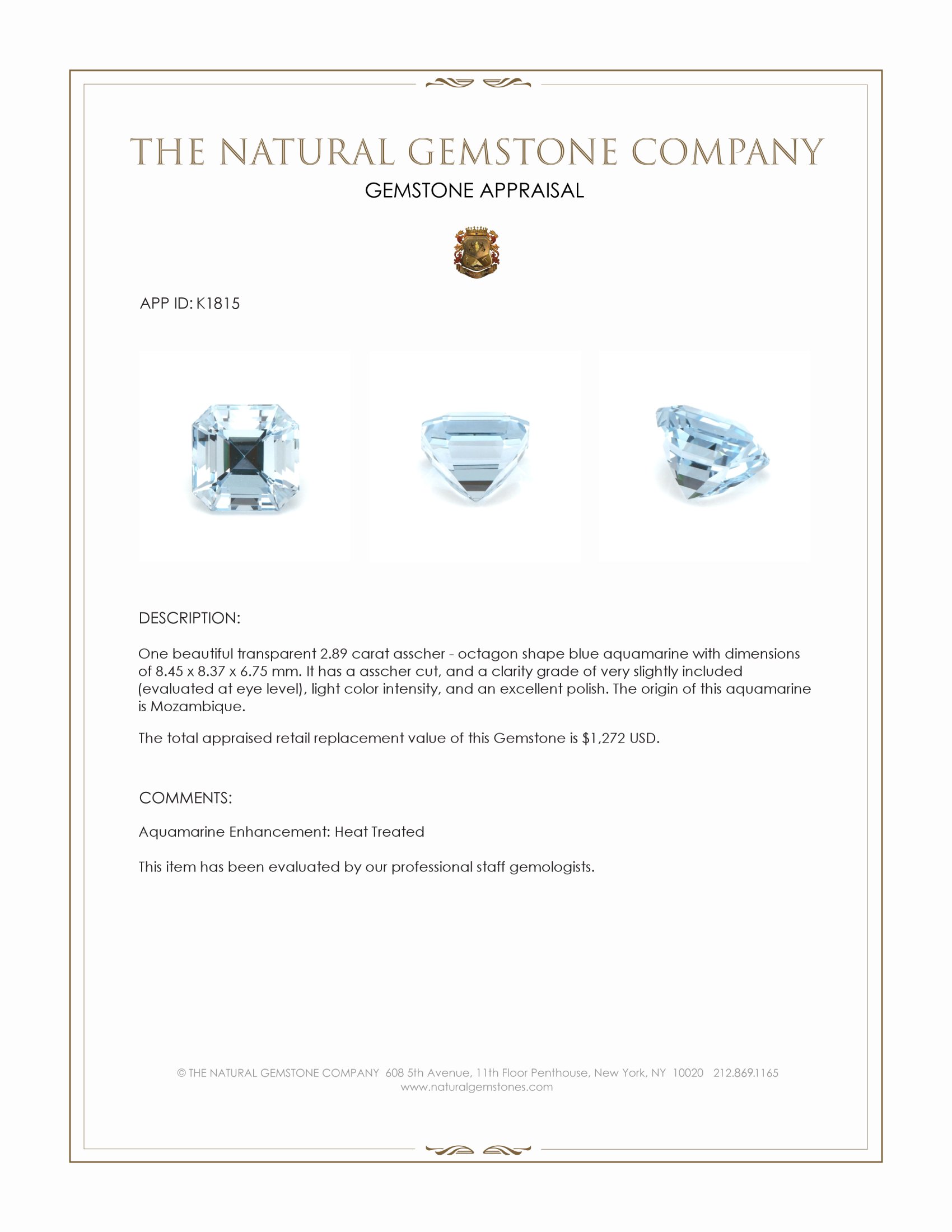 2.89 Ct. Aquamarine from Mozambique