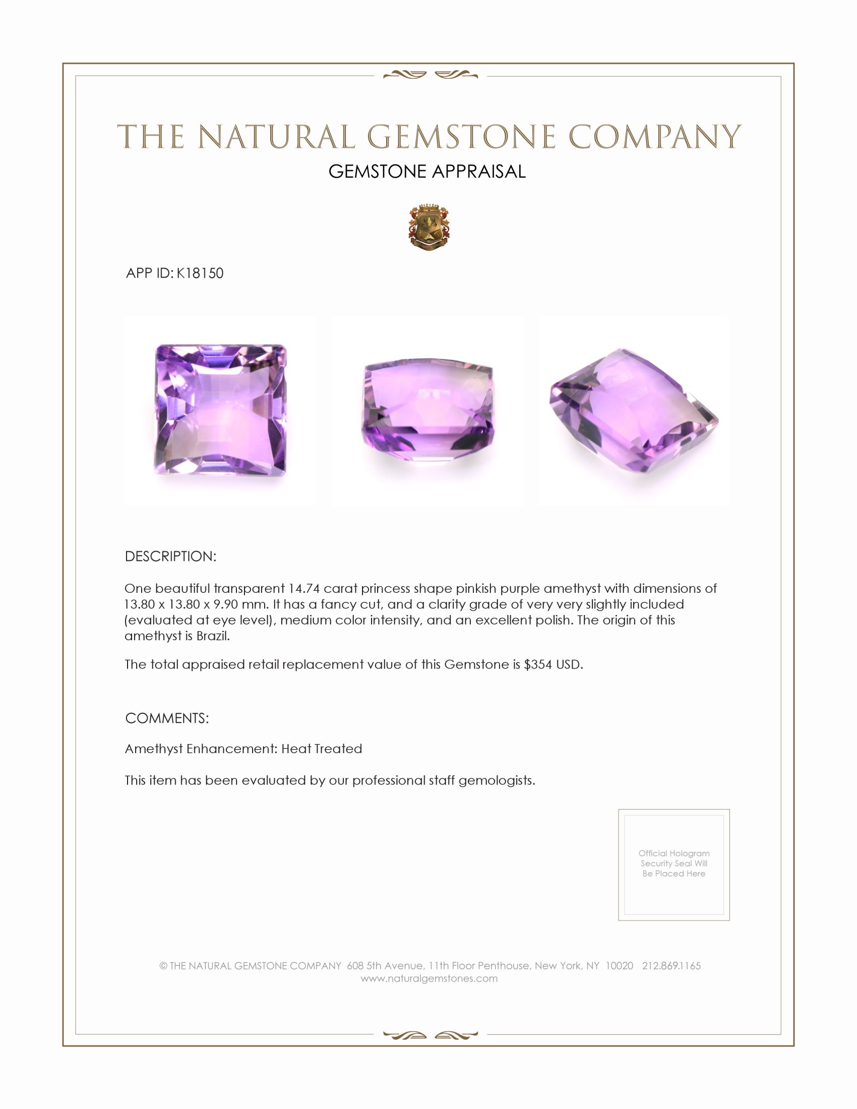 14.74 Ct. Amethyst from Brazil