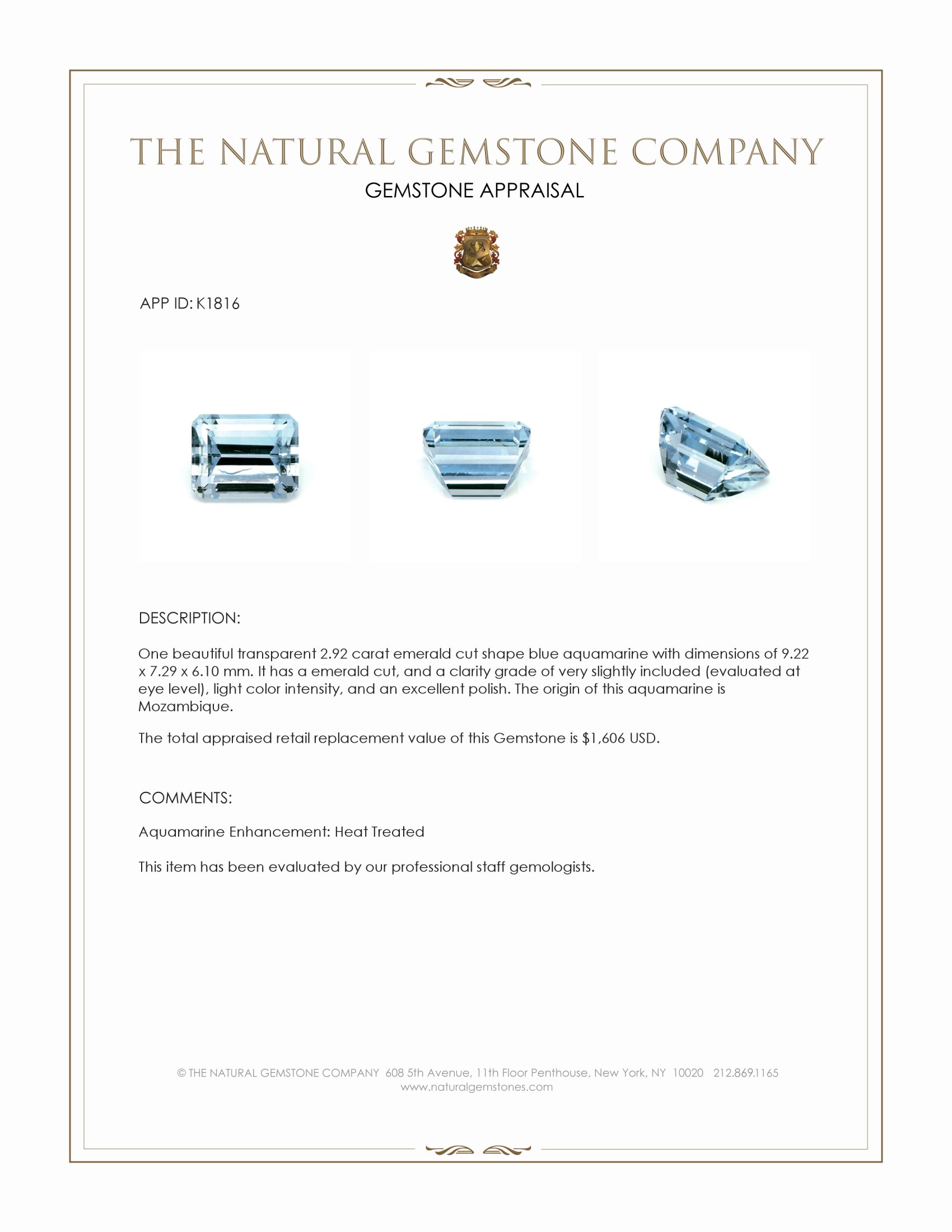 2.92 Ct. Blue Aquamarine from Mozambique