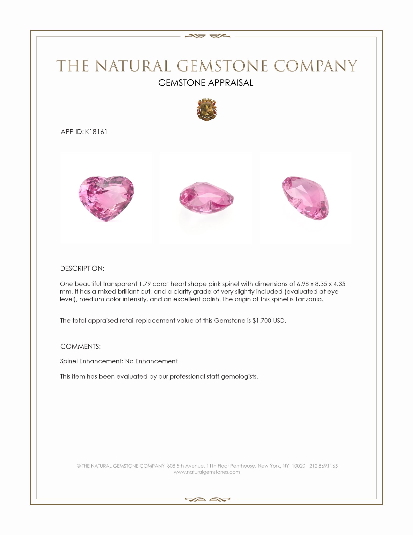 1.79 Ct. Spinel from Tanzania