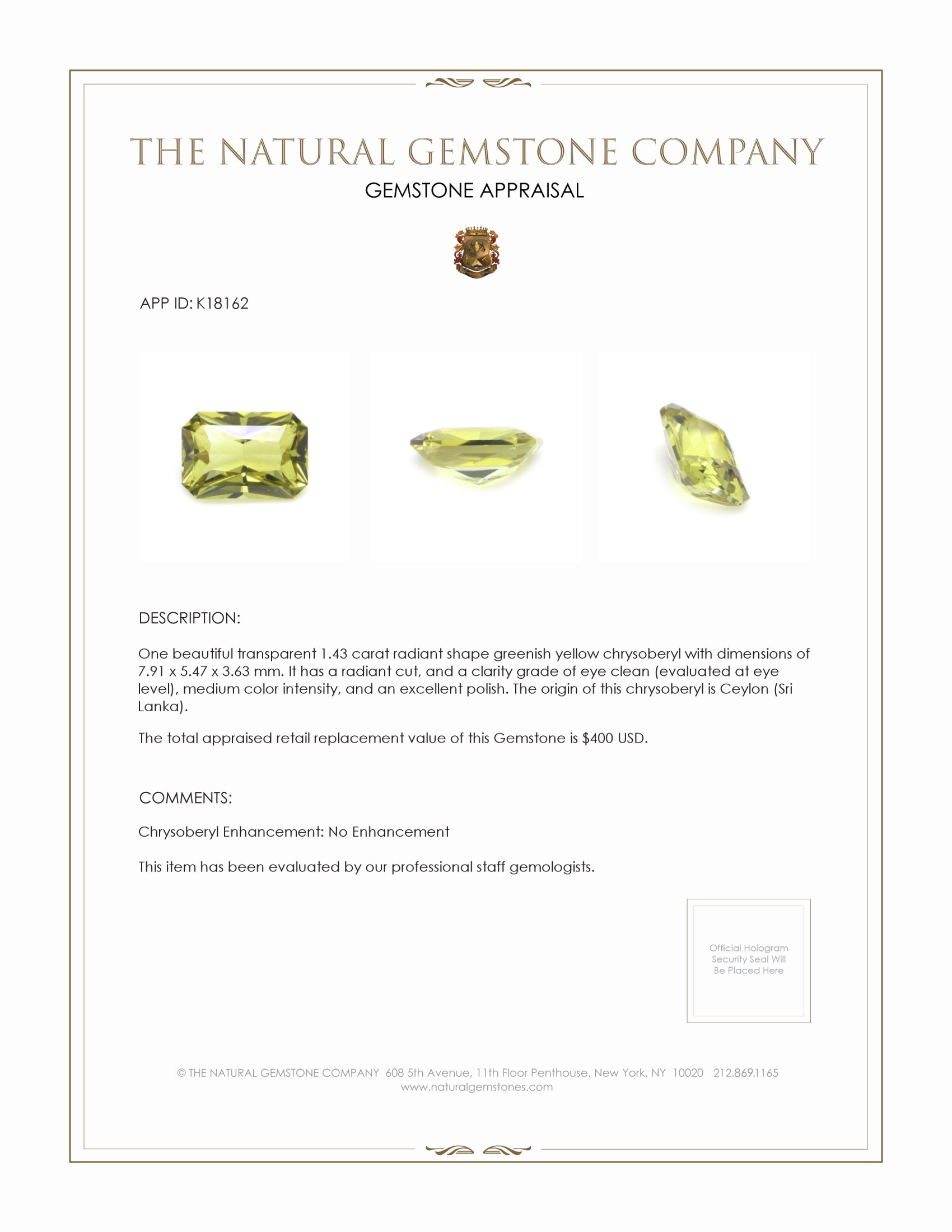 1.43 Ct. Chrysoberyl from Ceylon (Sri Lanka)