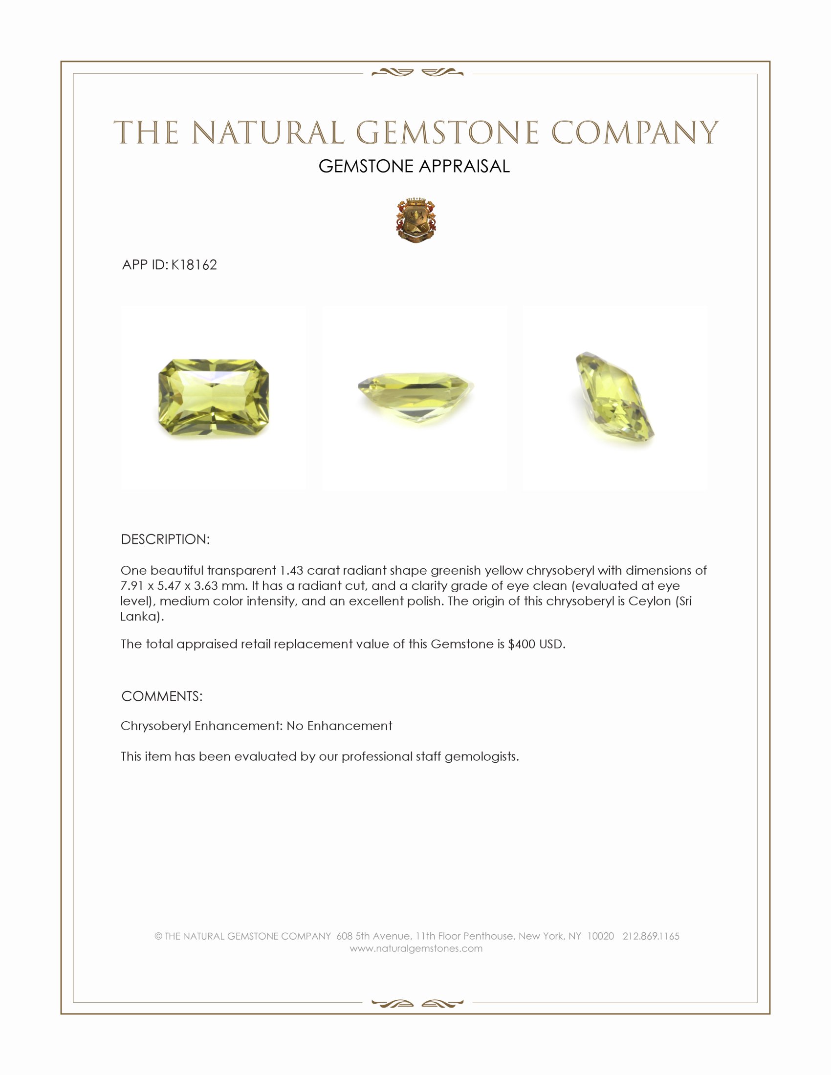 1.43 Ct. Chrysoberyl from Ceylon (Sri Lanka)