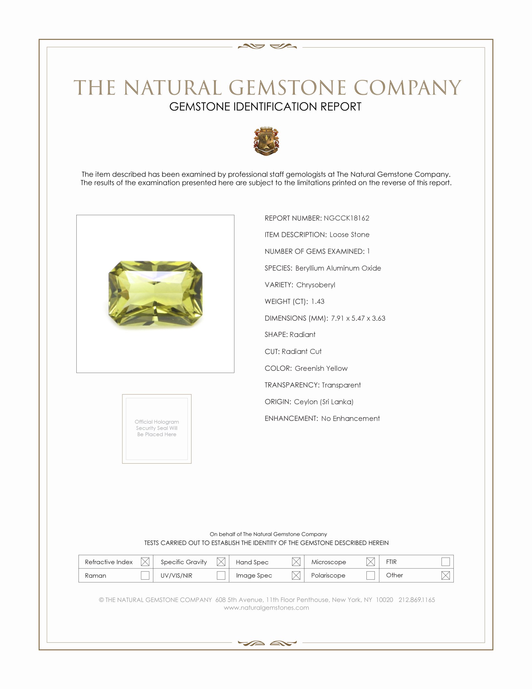1.43 Ct. Greenish Yellow Chrysoberyl from Ceylon (Sri Lanka)