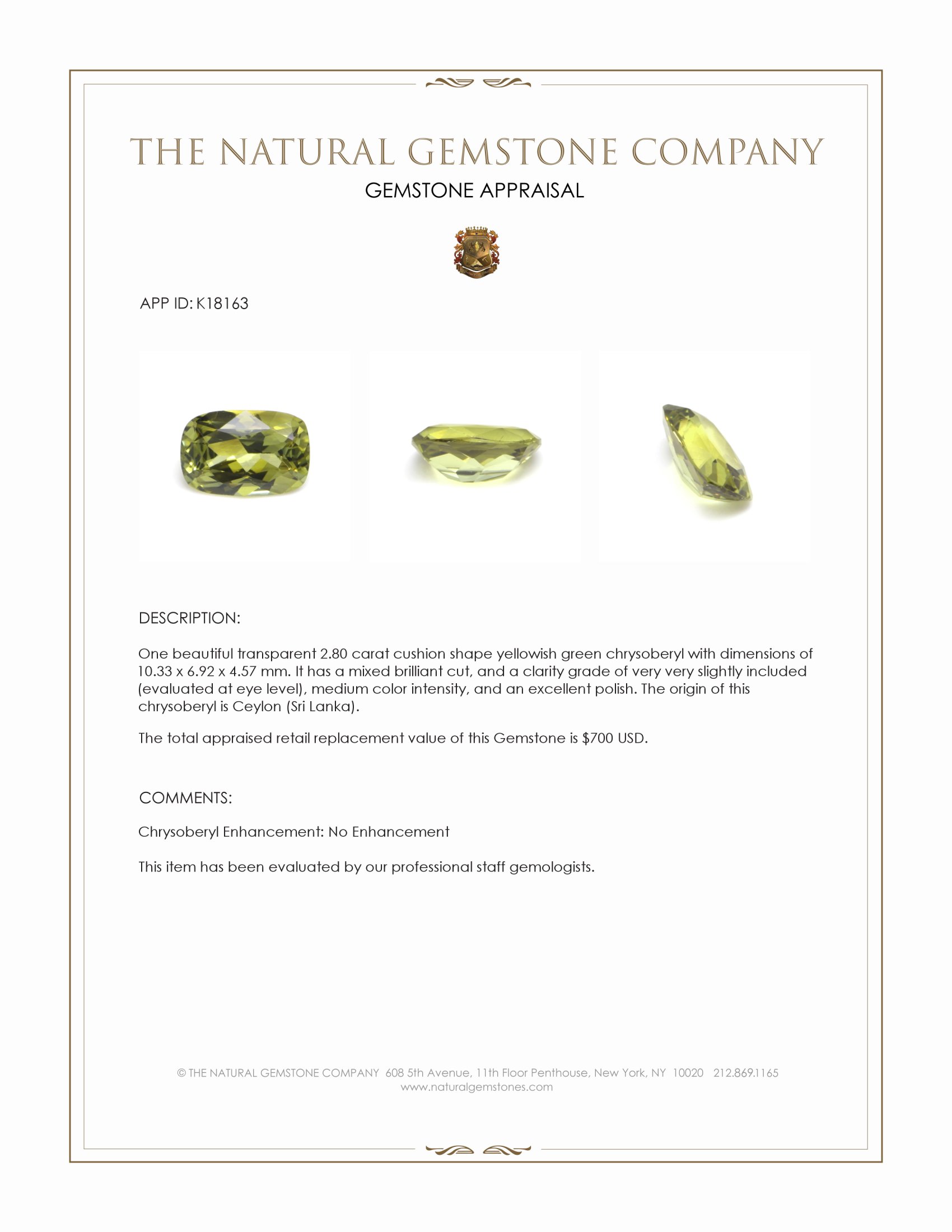2.80 Ct. Yellowish Green Chrysoberyl from Ceylon (Sri Lanka)