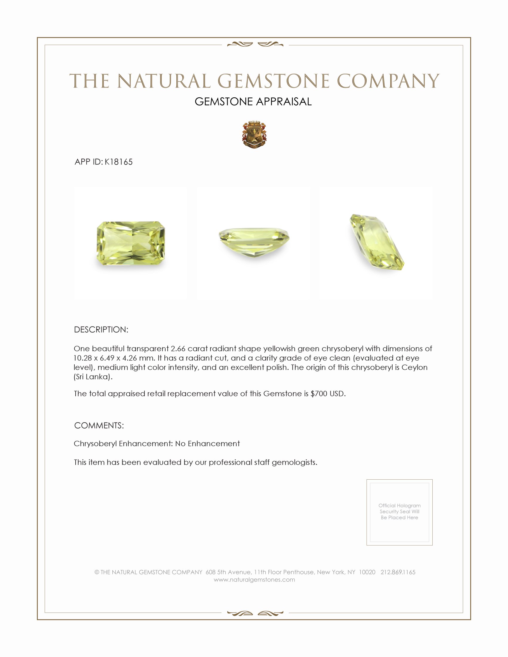 2.66 Ct. Yellowish Green Chrysoberyl from Ceylon (Sri Lanka)