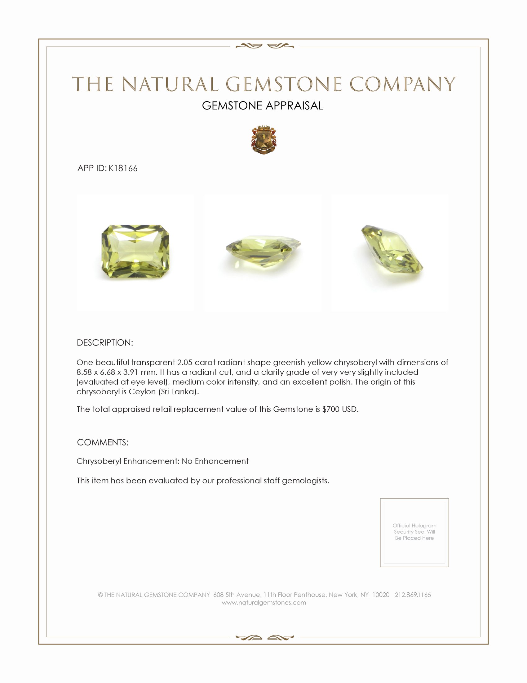 2.05 Ct. Greenish Yellow Chrysoberyl from Ceylon (Sri Lanka)