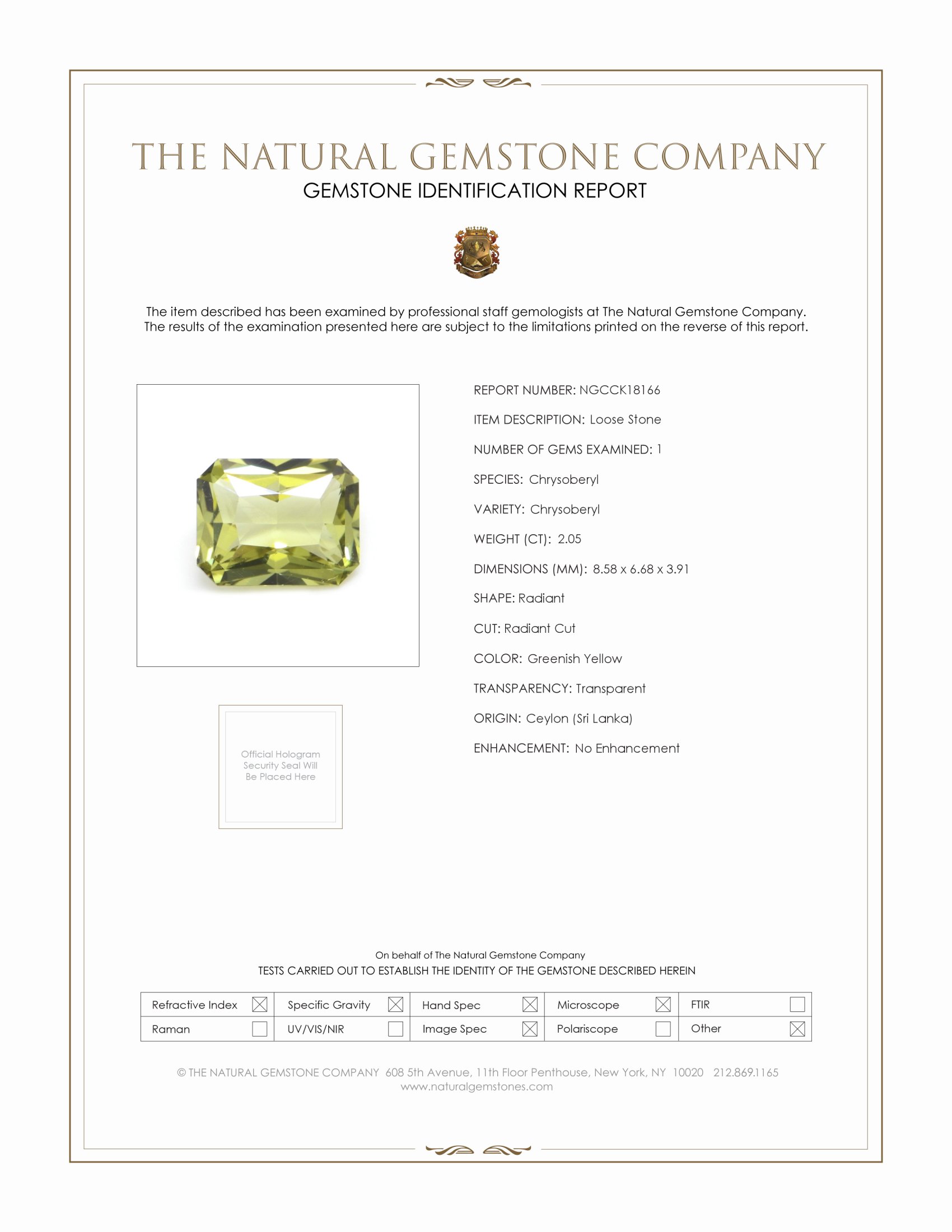 2.05 Ct. Chrysoberyl from Ceylon (Sri Lanka)
