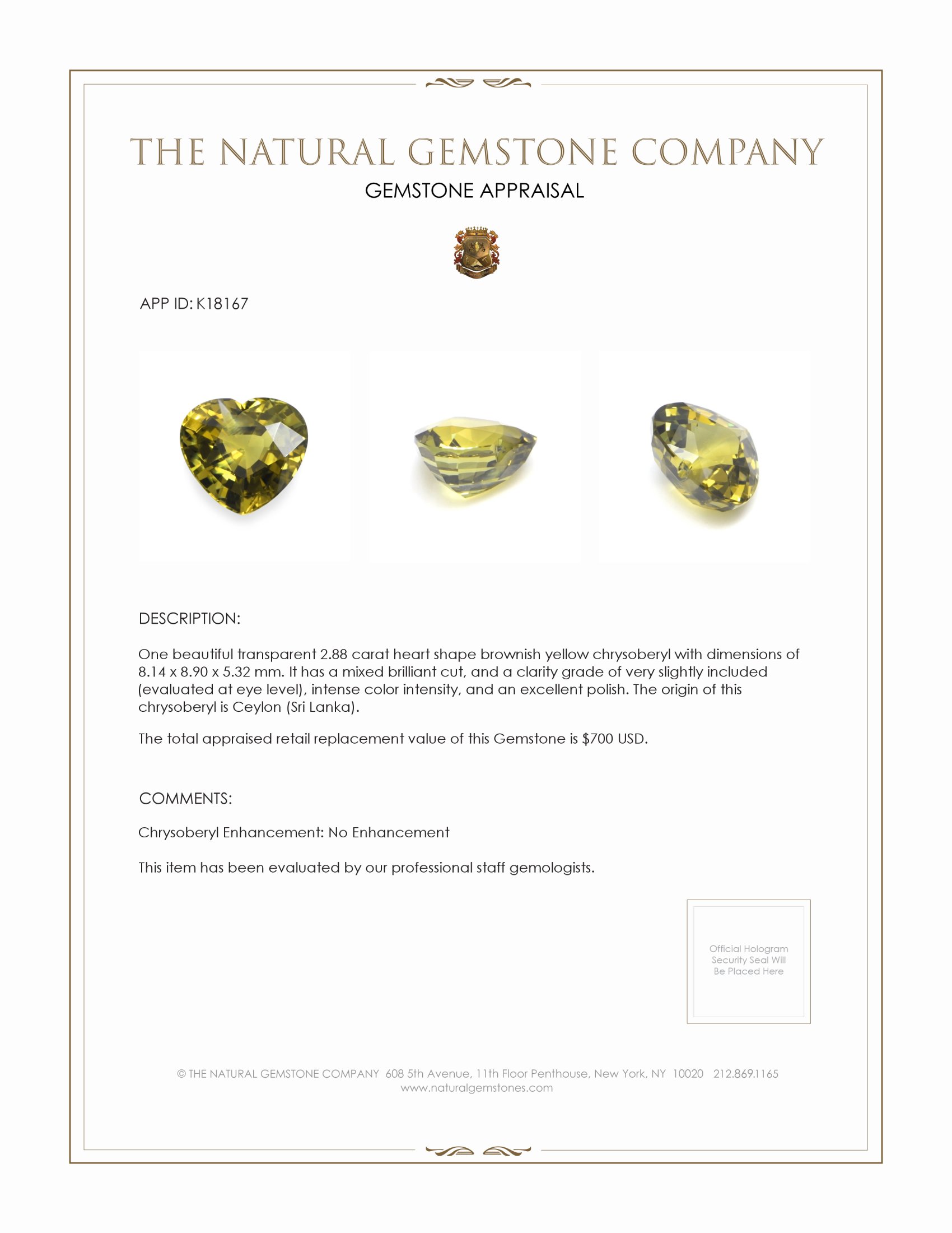 2.88 Ct. Brownish Yellow Chrysoberyl from Ceylon (Sri Lanka)
